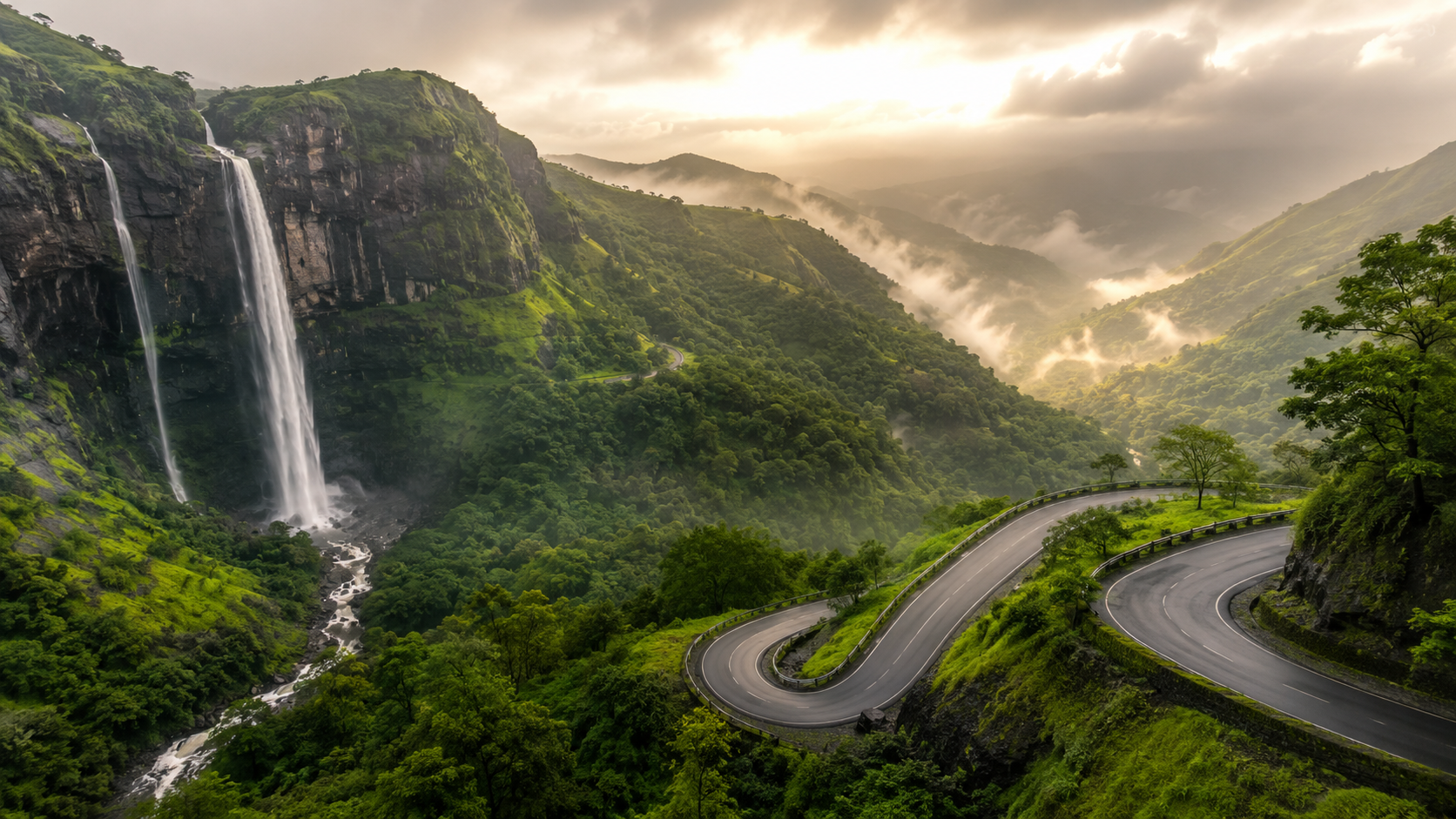 misty green valley in the Sahyadri hills during monsoon, waterfall cascading down a rocky cliff in the background