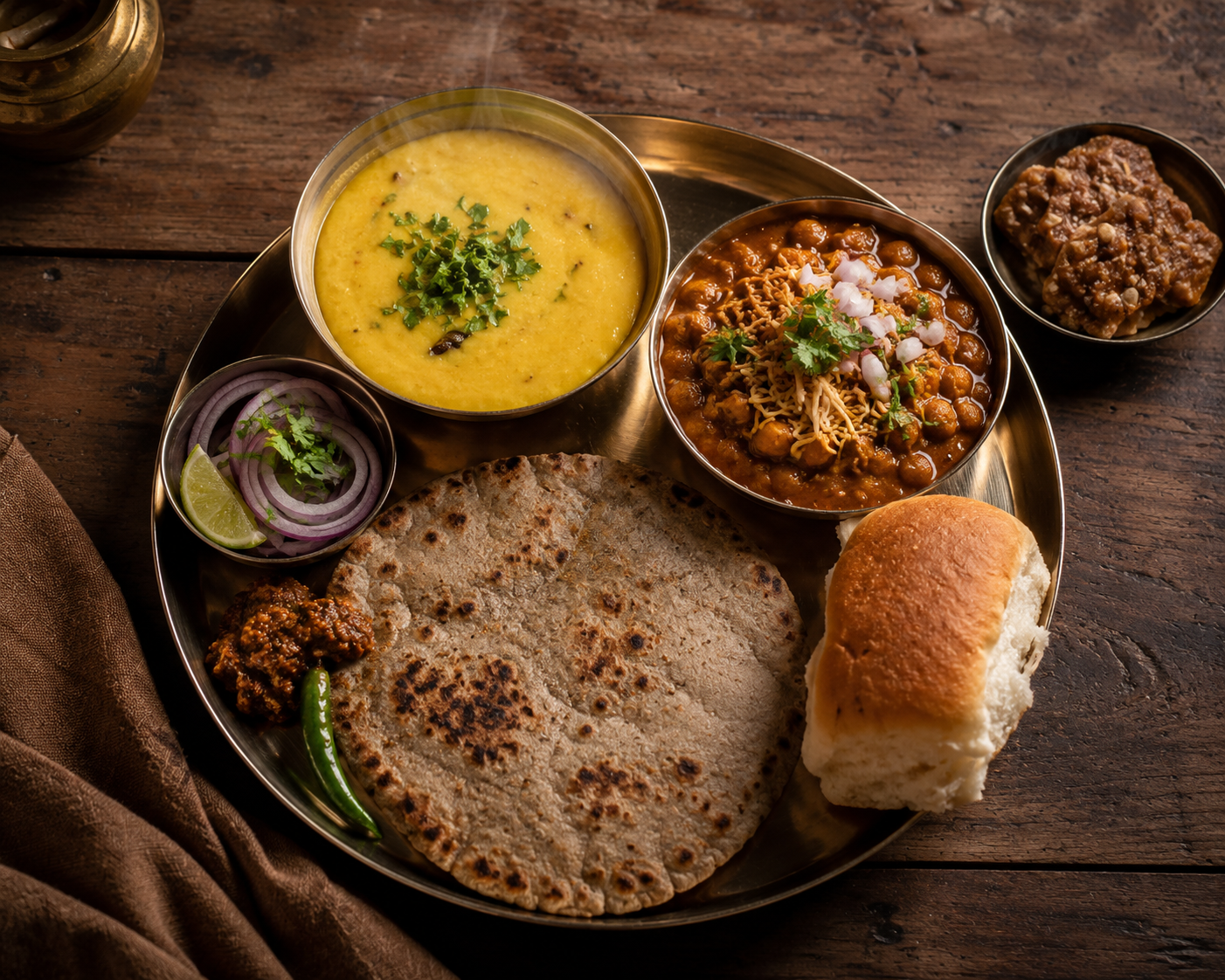 traditional Maharashtrian thali with pithla-bhakri, misal pav, and a small bowl of chikki,