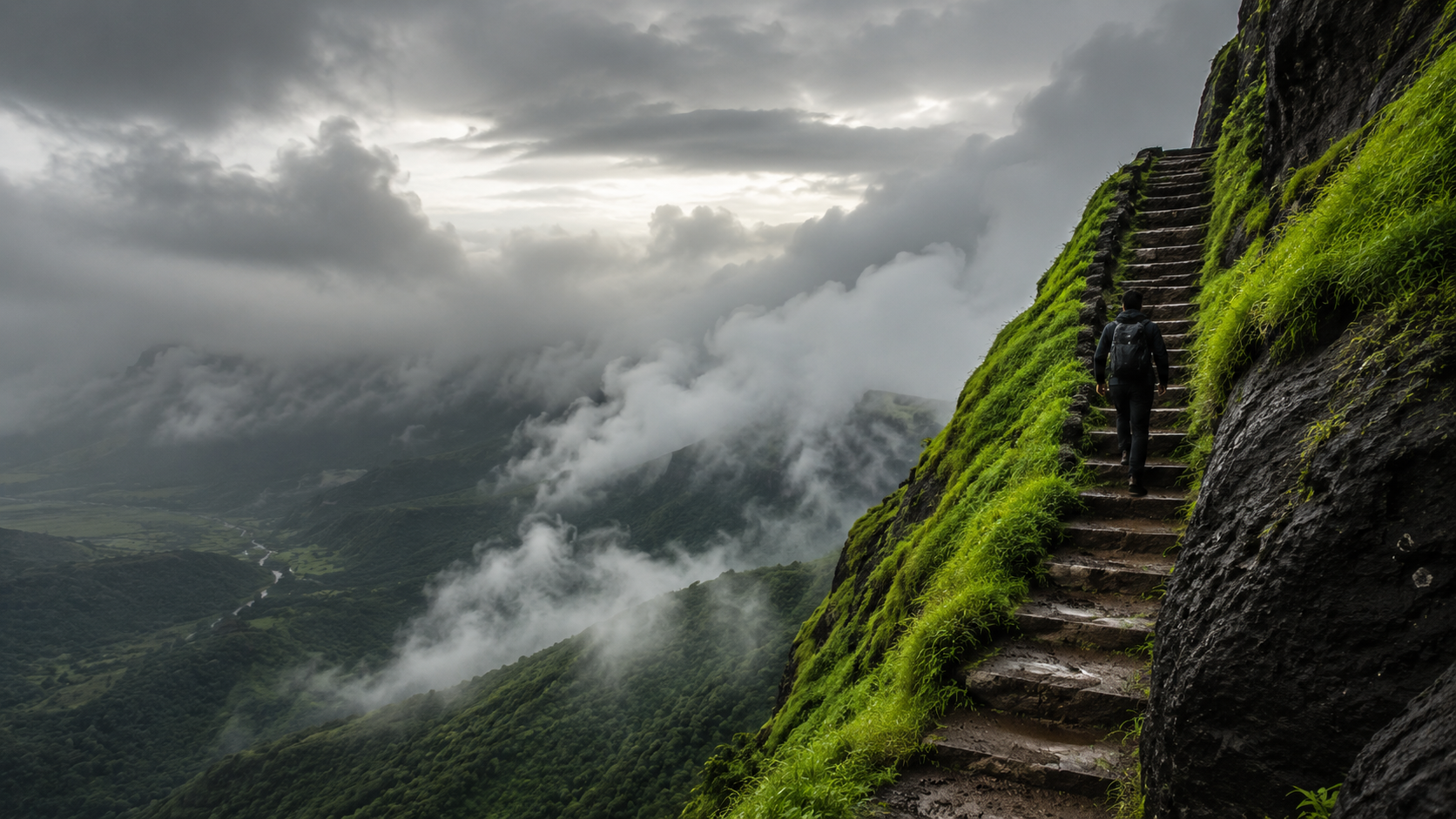 climbing a narrow rock-cut staircase carved into a steep hillside, monsoon clouds swirling below
