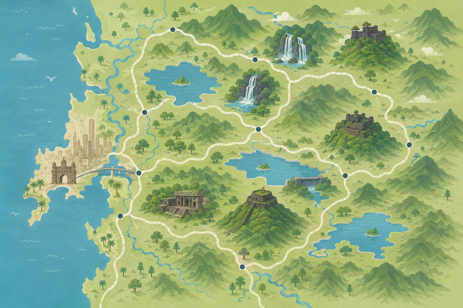 minimalist illustrated map of the region around Mumbai showing key monsoon destinations connected by winding road lines, small icons for waterfalls, forts, and lakes