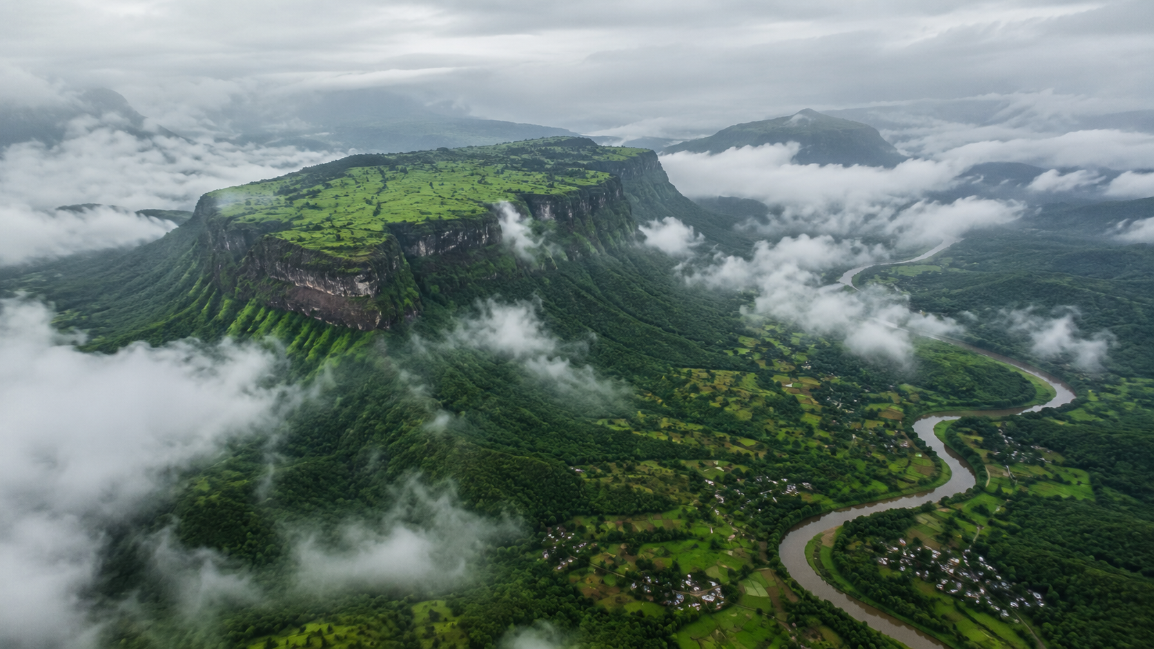 Aerial drone shot of a green plateau surrounded by monsoon clouds, a winding river cutting through the valley below, patches of forest and small villages visible in the distance,
