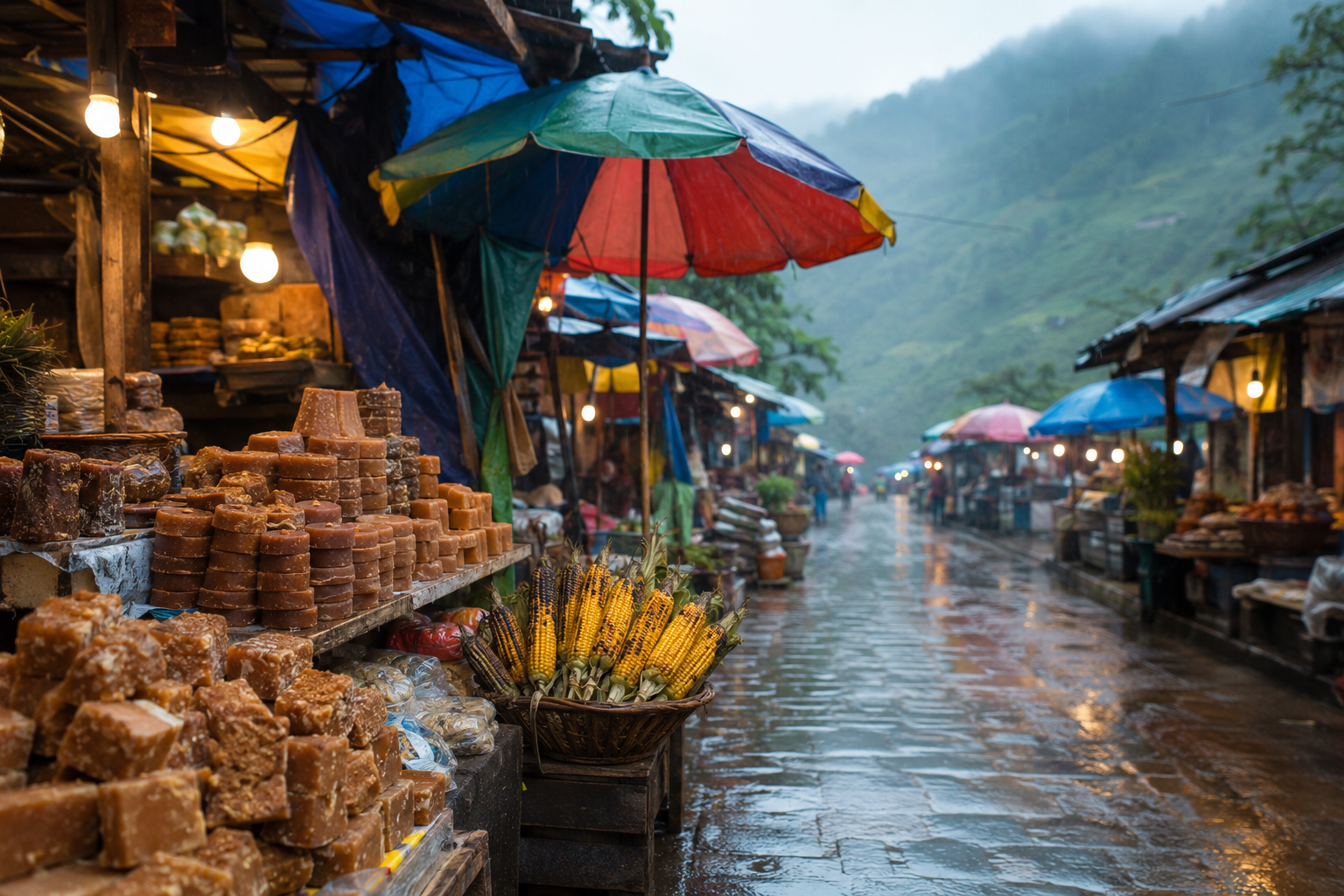 small hill-station street market during light rain, stalls selling jaggery-based sweets and roasted corn, colorful umbrellas overhead