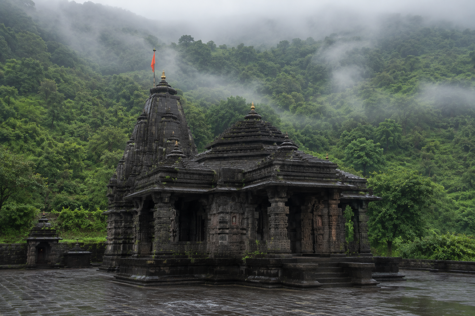 Ancient stone Hemadpanthi-style temple nestled at the base of a green hill, monsoon mist drifting around the structure, weathered carved pillars, soft diffused natural light, quiet and serene atmosphere, ultra-realistic architectural photography
