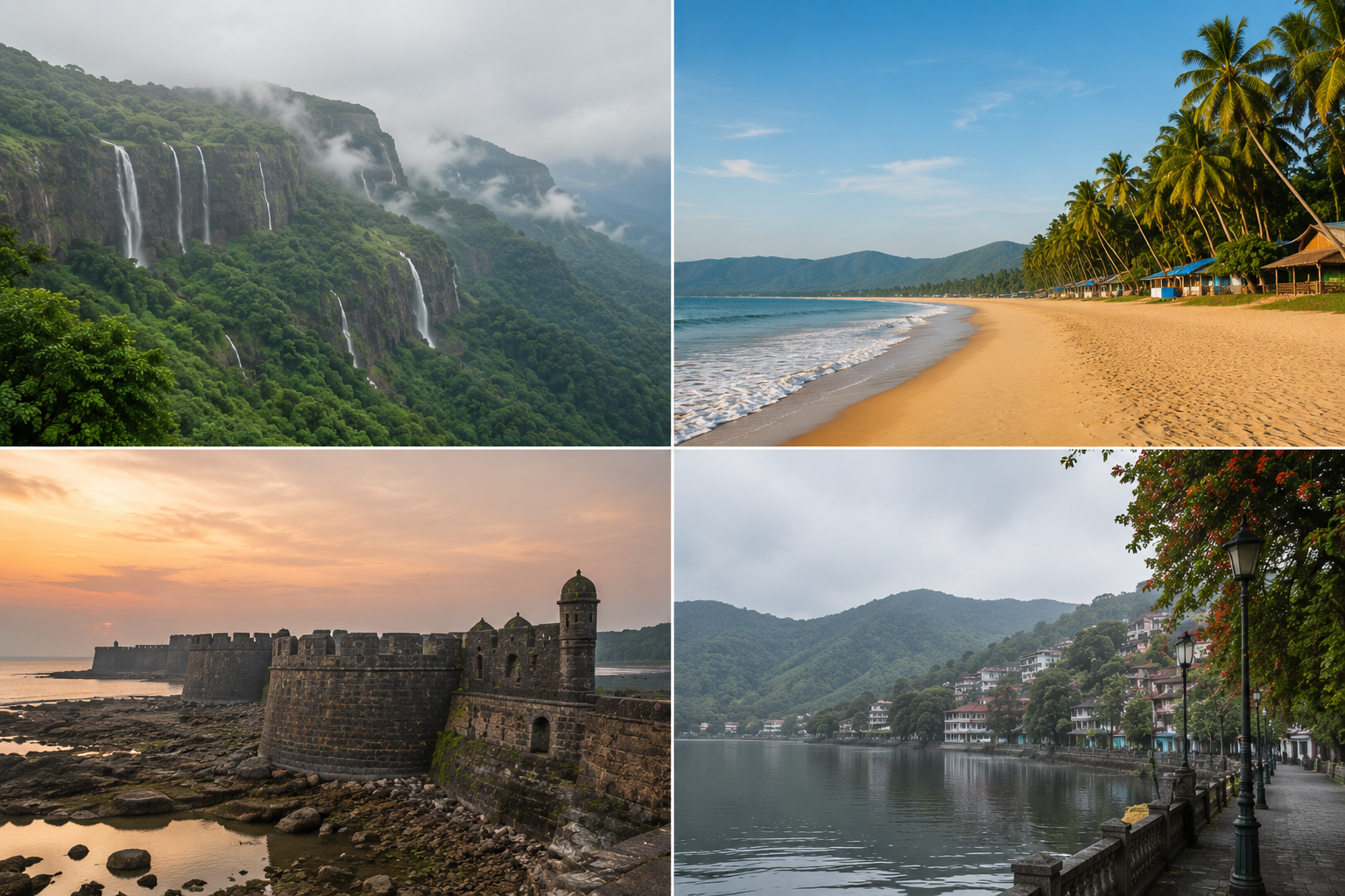  collage-style scene blending a misty green hill valley, a calm Konkan beach at golden hour, and a stone fort silhouette, softly transitioning across the frame, ultra-realistic travel photography