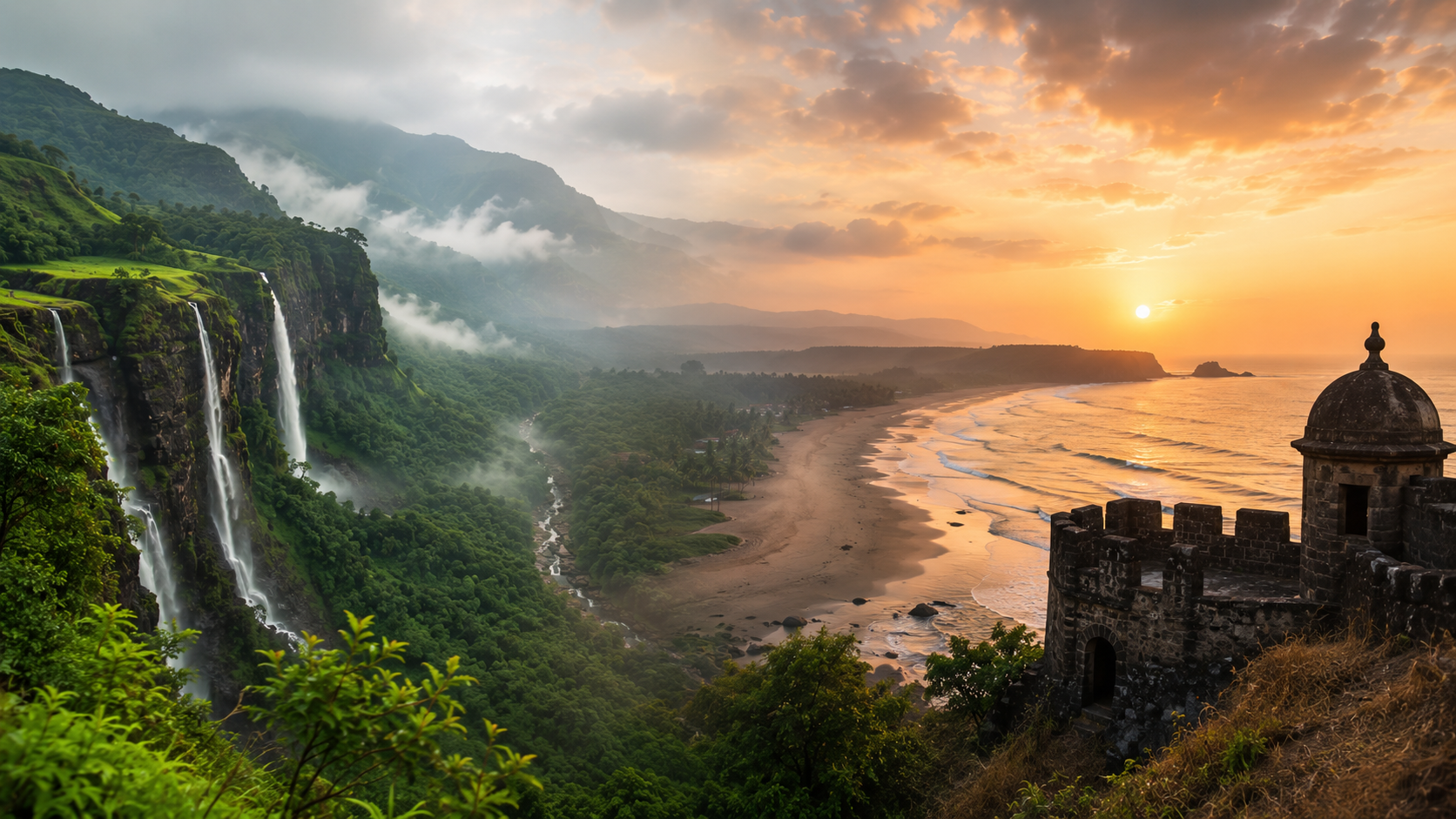golden-sand beach with palm trees, an old sea fort at low tide, and a lakeside promenade town