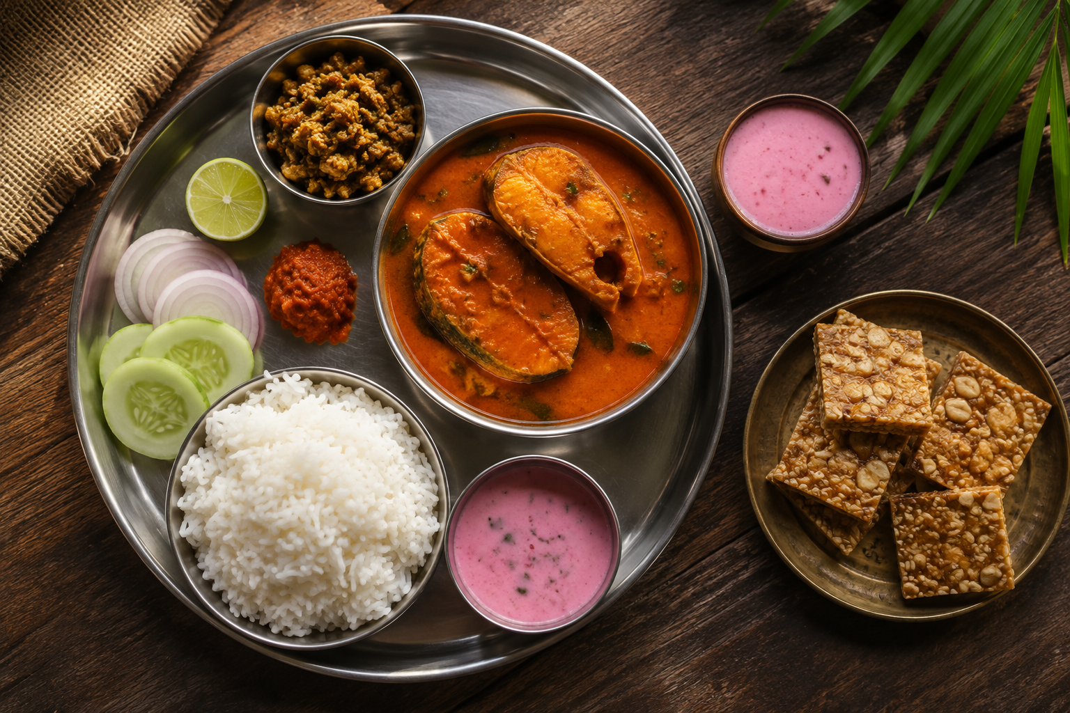 Konkan coastal thali featuring fish curry, rice, and solkadi, next to a small plate of Maharashtrian chikki, on a rustic wooden table
