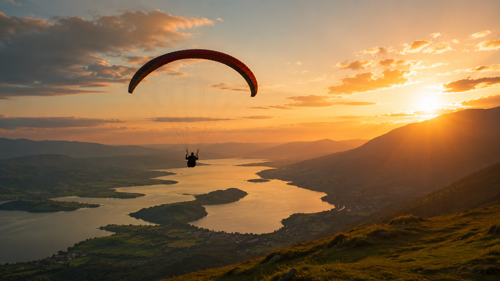 Wide shot of a paraglider silhouette soaring above a green valley and lake at golden hour