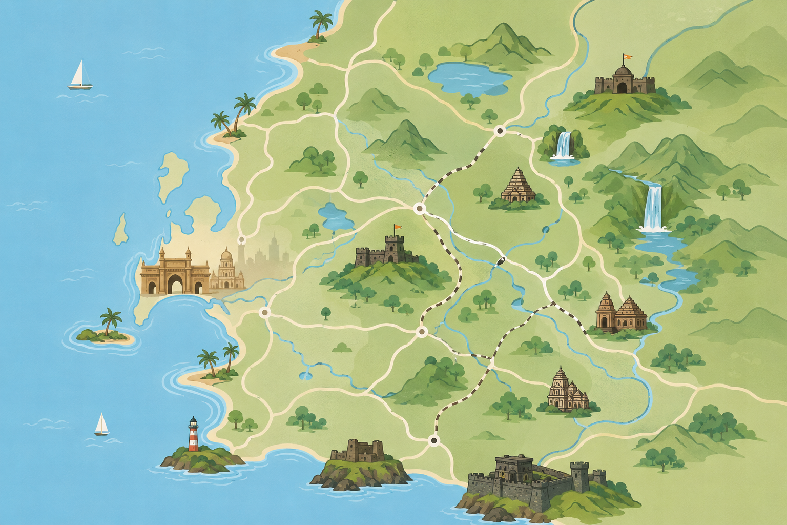 minimalist illustrated map of the region around Mumbai showing hill stations, coastal towns, and heritage sites connected by road lines