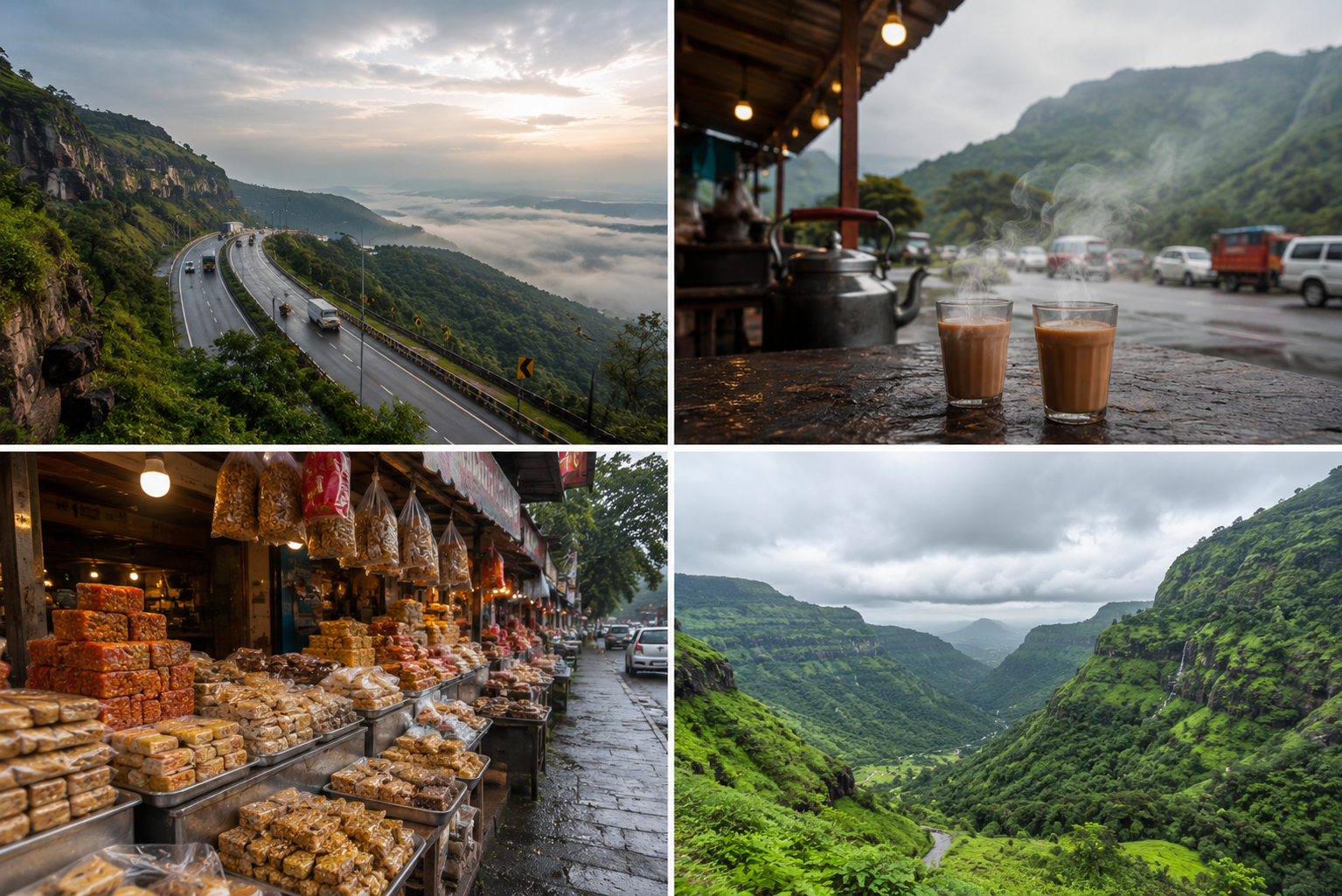 Collage of the Mumbai-Pune expressway viewpoint, a roadside dhaba, Lonavala market street, and Khandala valley view