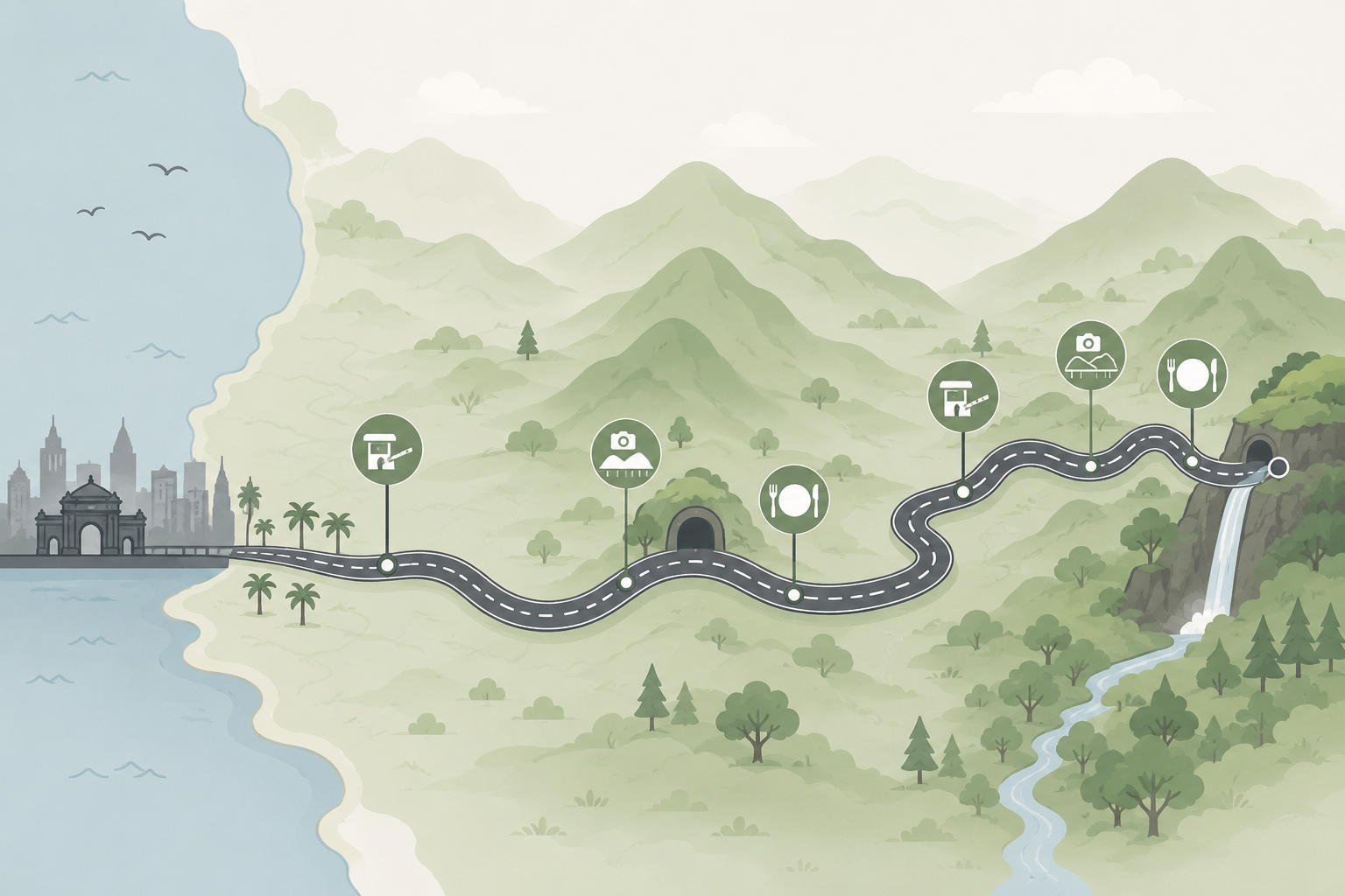  Illustrated map of the road route from Mumbai to Lonavala showing toll plazas, viewpoints, and food stops