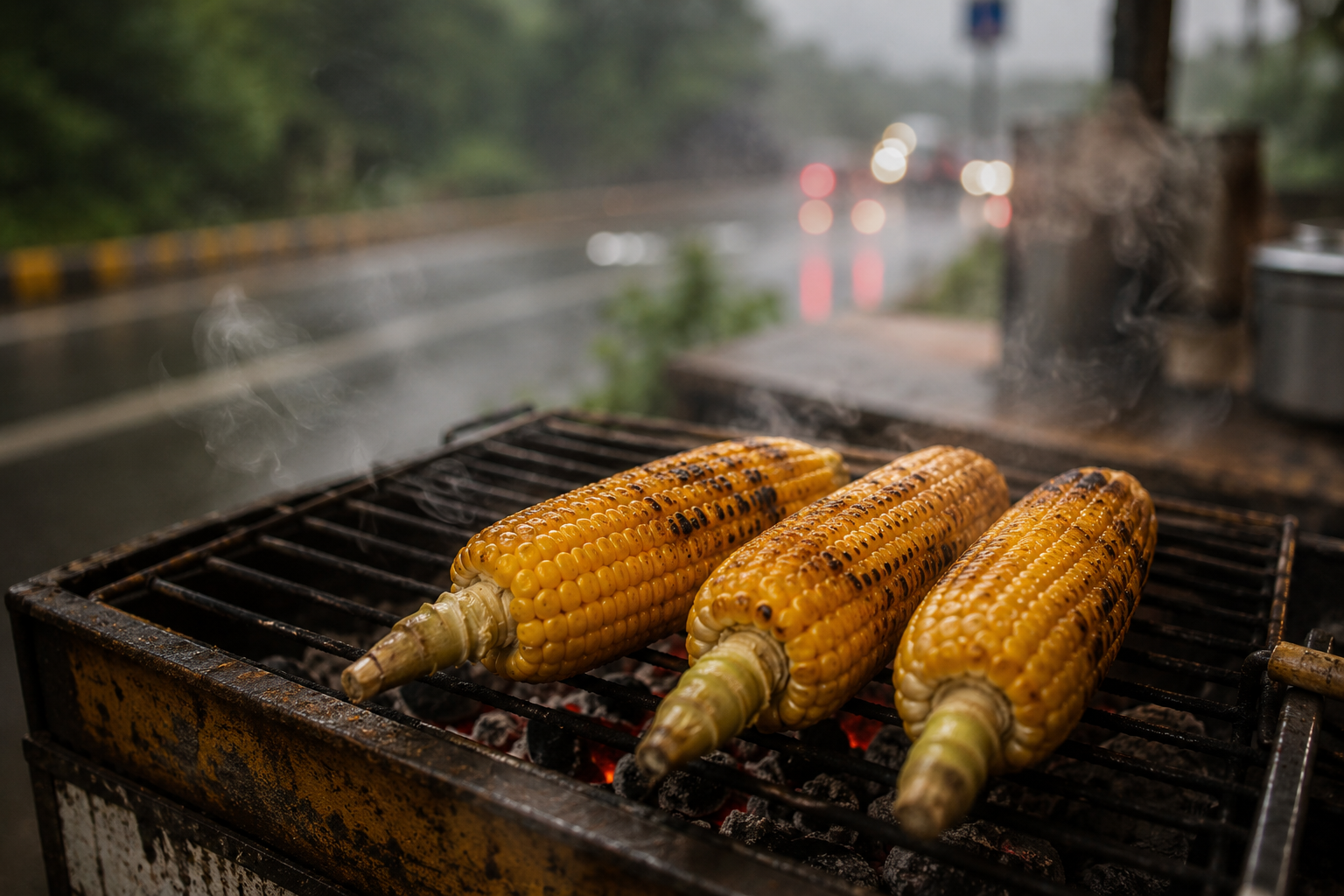 Hot corn on the cob roasting over coal at a roadside stall on the Mumbai to Lonavala route