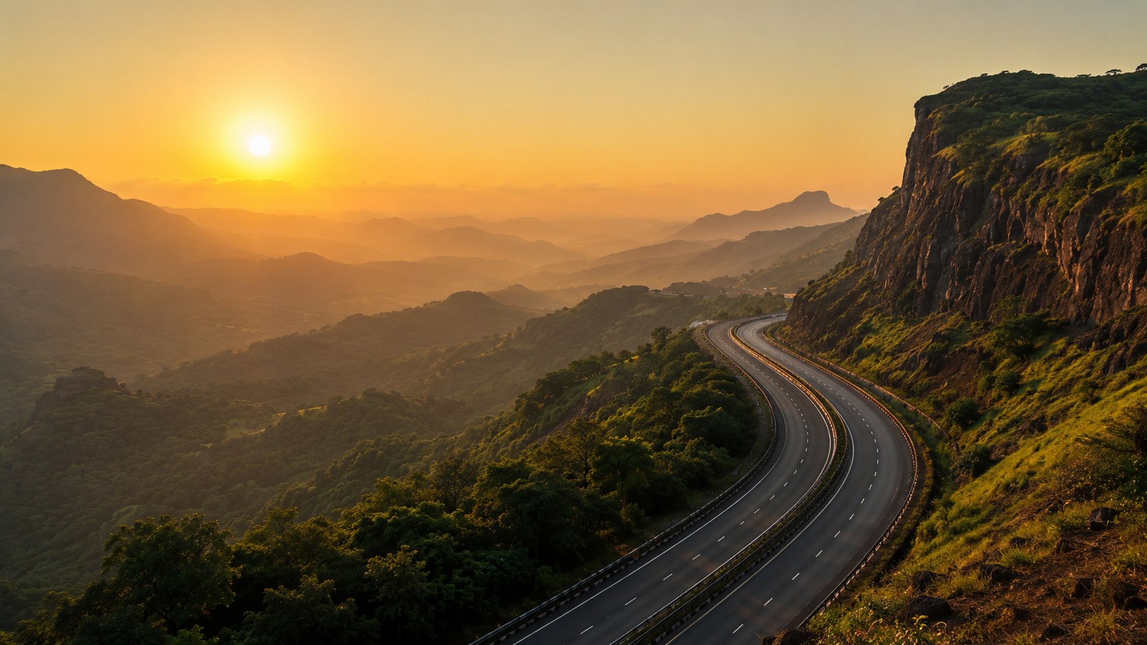 Golden sunrise light over the empty expressway ghat road near Khandala with layered green hills