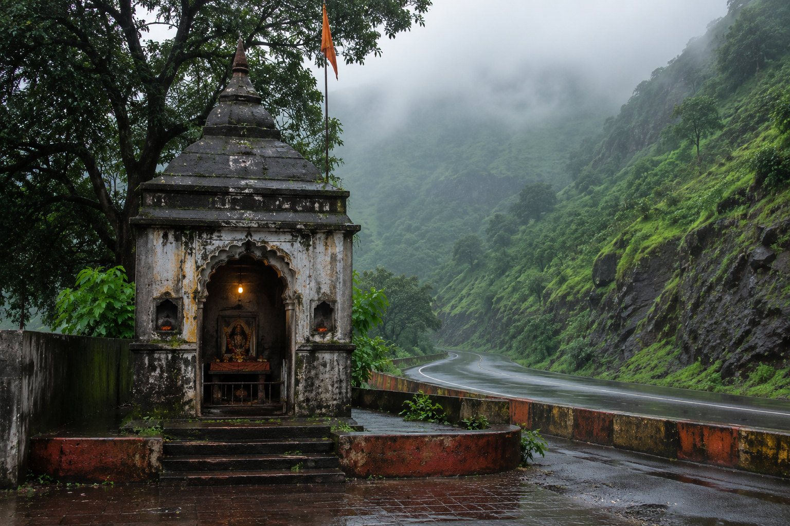 Small stone roadside temple surrounded by green hills and monsoon mist near Khandala