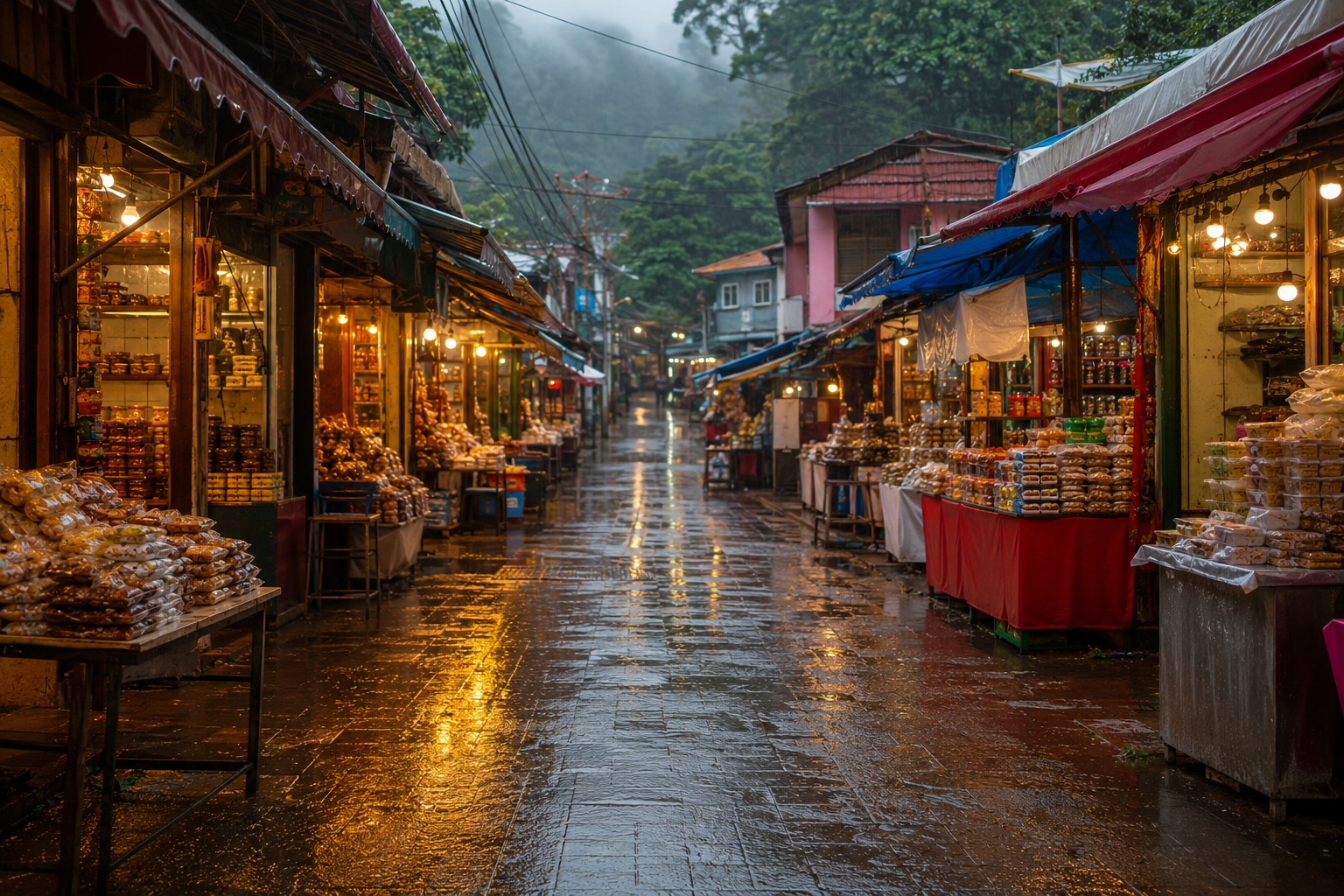 Colourful chikki and fudge shop fronts along Lonavala's main market street in light rain
