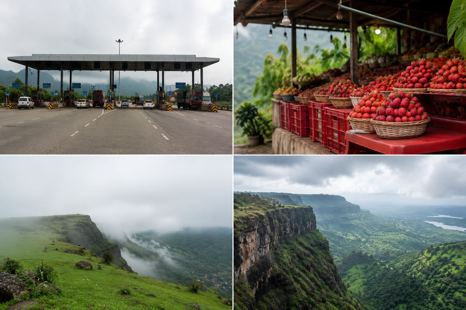 Collage of the Satara highway, a roadside strawberry stall, Mahabaleshwar's Table Land, and a Konkan valley viewpoint