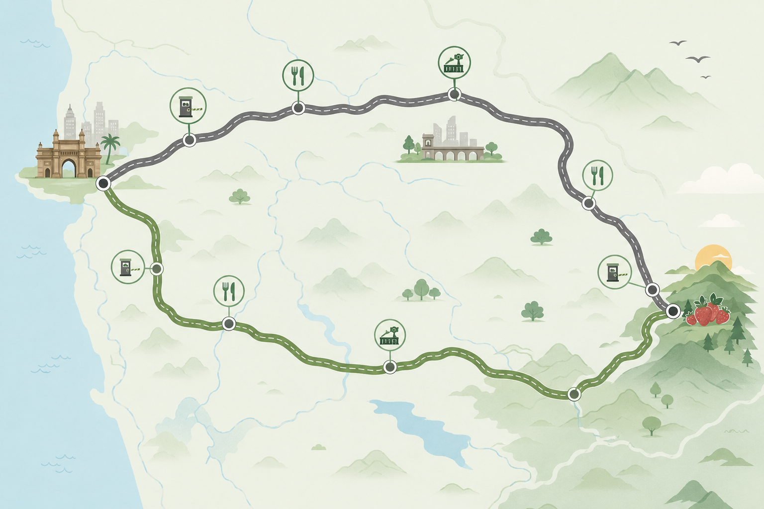 Illustrated map comparing the Mumbai to Mahabaleshwar route via Satara and the scenic Ambenali Ghat route via Poladpur