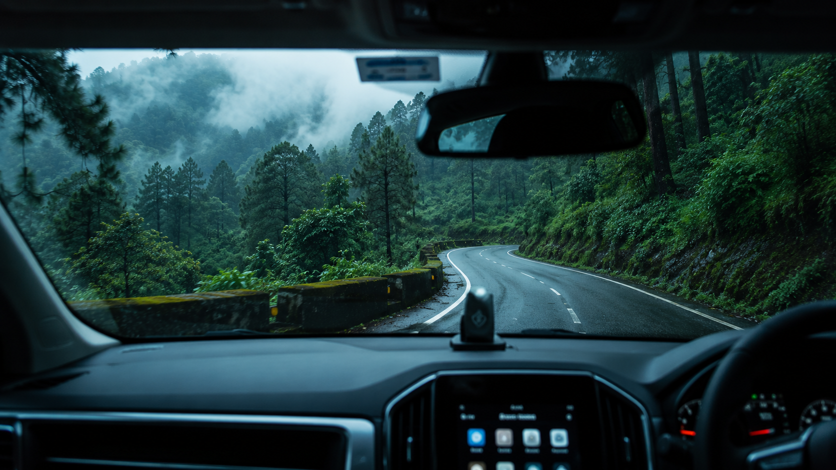 View through a car windshield of the winding road climbing into Mahabaleshwar with pine trees and mist