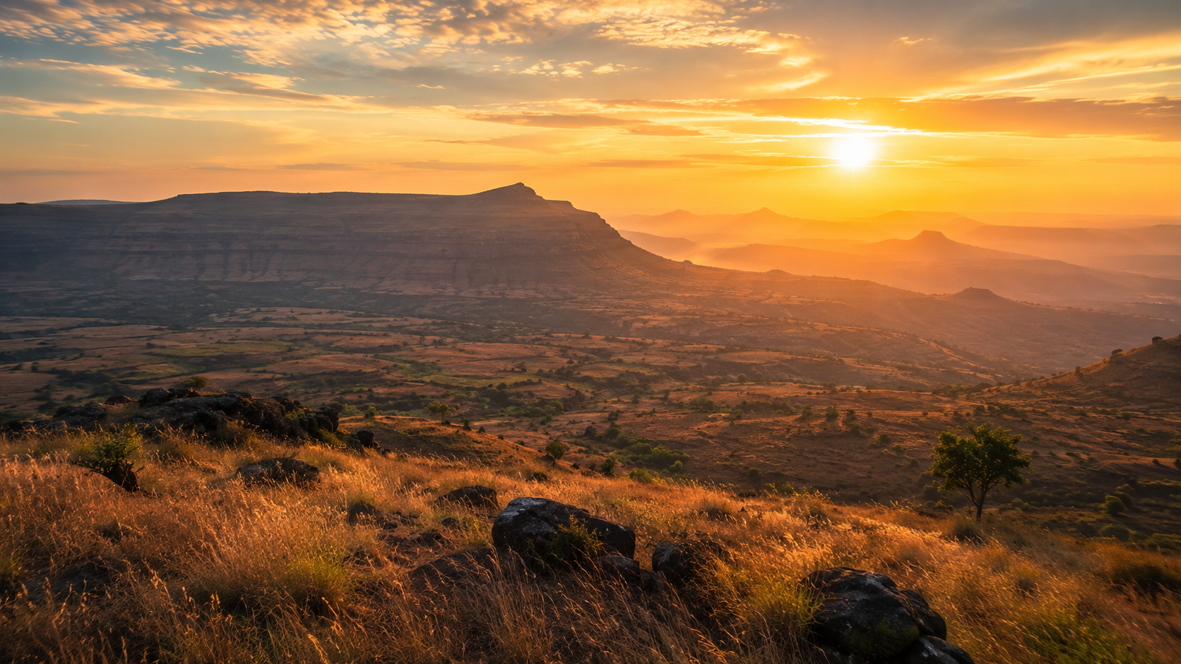 Golden sunrise light over the fog-covered volcanic plateau of Table Land near Mahabaleshwar