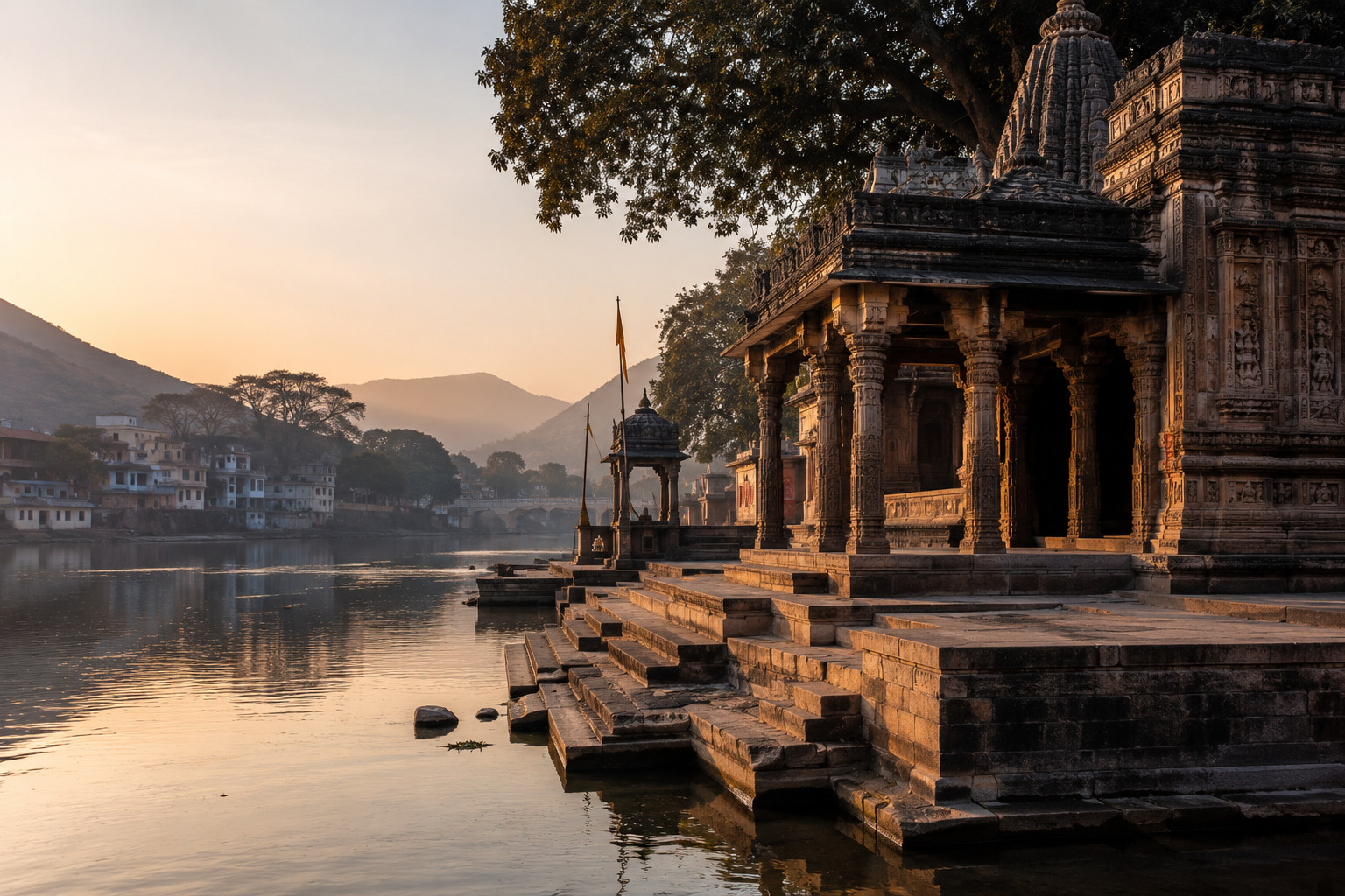 Traditional stone temple and steps along the Krishna River in Wai on the way to Mahabaleshwar