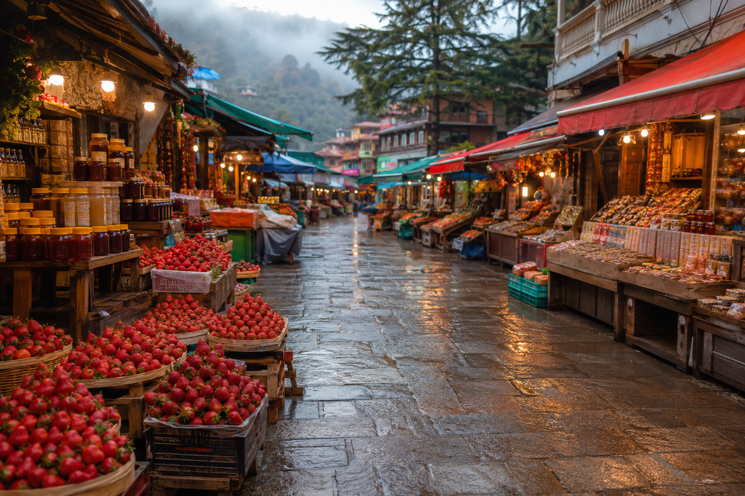 Colourful strawberry, honey, and chikki stalls along Mahabaleshwar's main market street