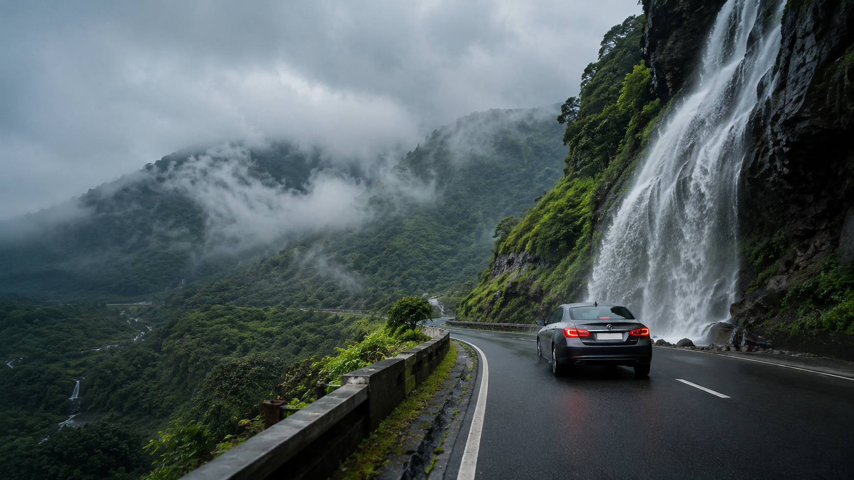 Car driving along the misty Malshej Ghat road with a waterfall cascading down the cliff beside the highway during monsoon