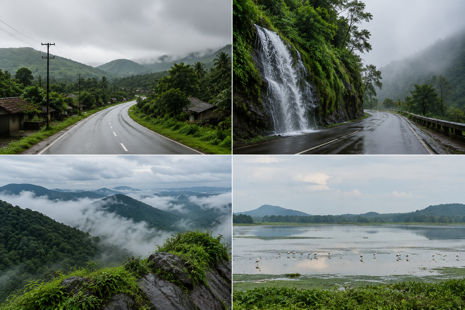 Collage of the Kalyan-Murbad highway, roadside waterfalls, a misty ghat viewpoint, and flamingos at Pimpalgaon Joga backwaters