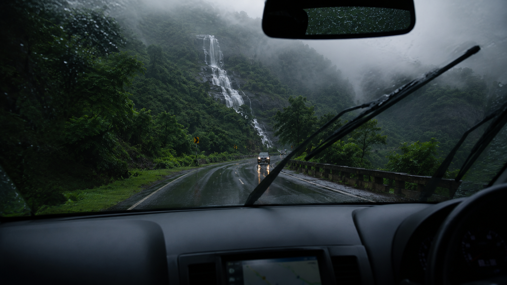 View through a car windshield of the foggy Malshej Ghat road with waterfalls visible on the hillside