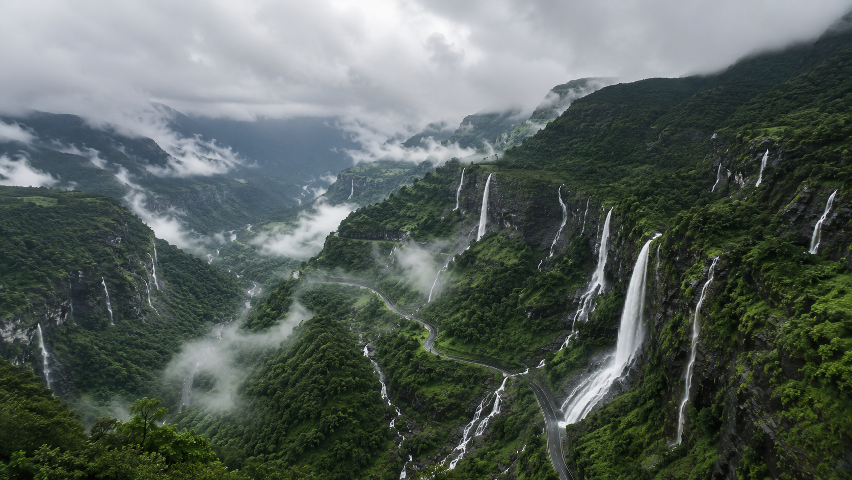 Wide panoramic view of the green Malshej Ghat valley with multiple waterfalls during monsoon