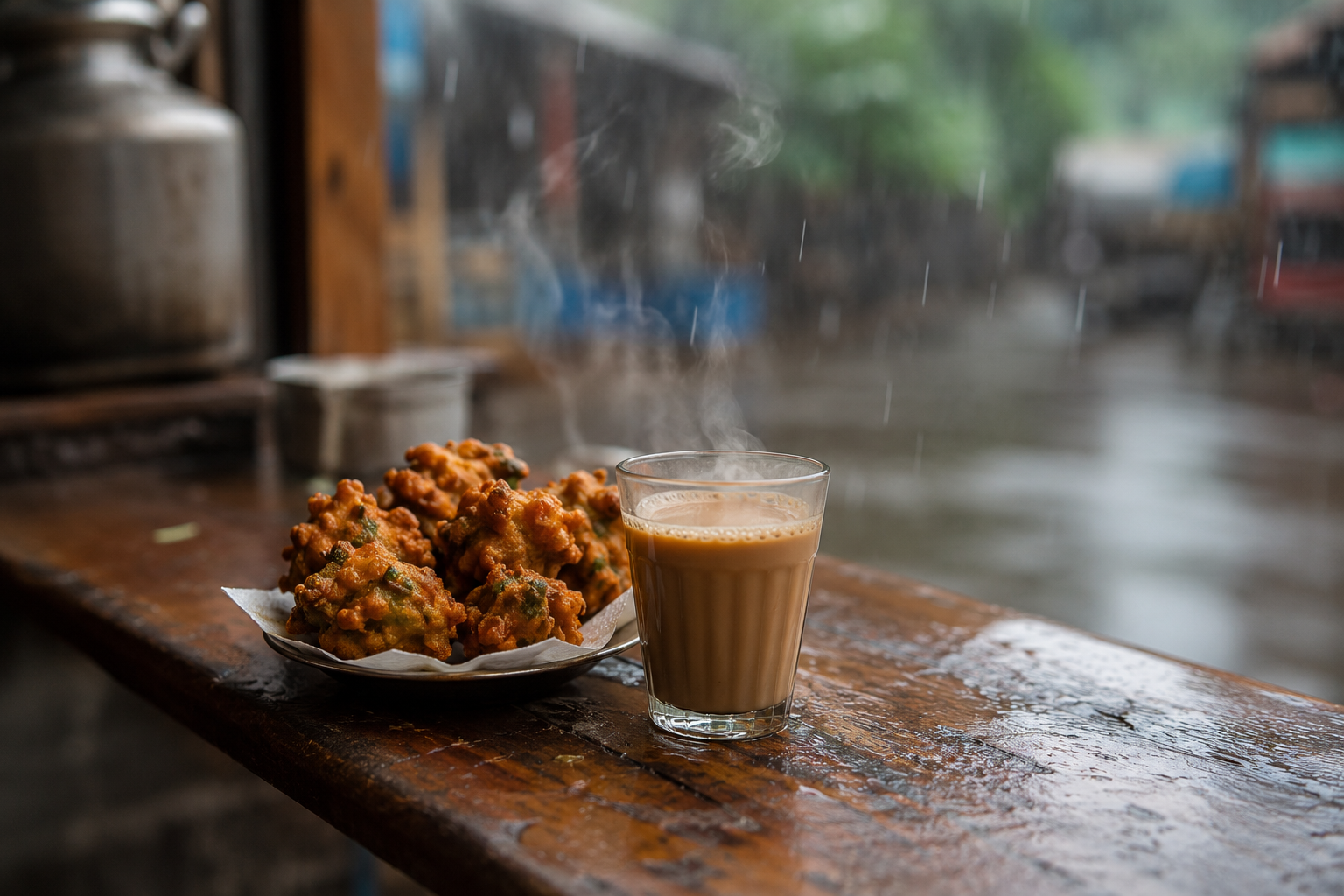 Hot bhajiya and tea served at a roadside stall on the Malshej Ghat monsoon drive