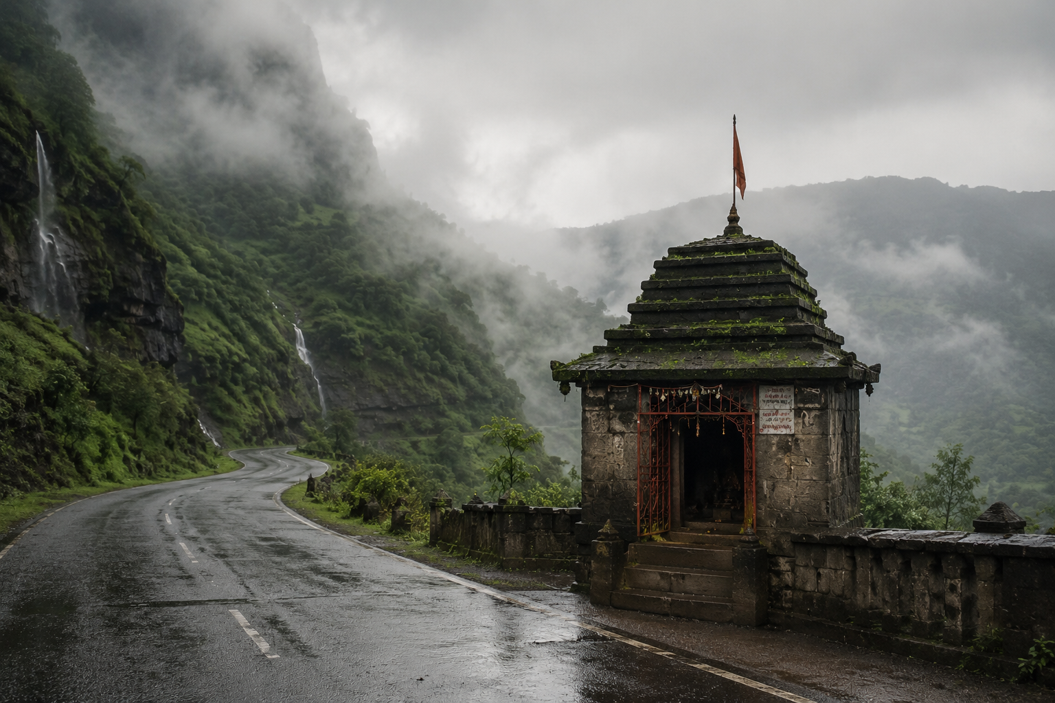 Small stone roadside temple surrounded by green hills and monsoon mist near Murbad