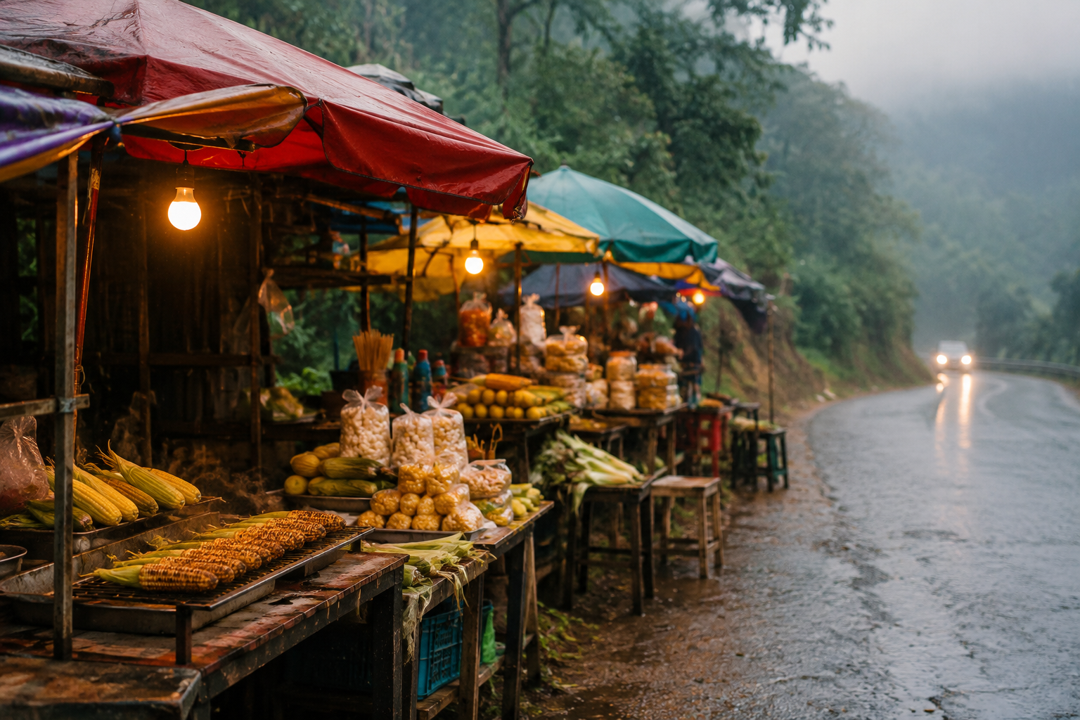 Small roadside stalls selling corn and snacks along the Malshej Ghat monsoon route