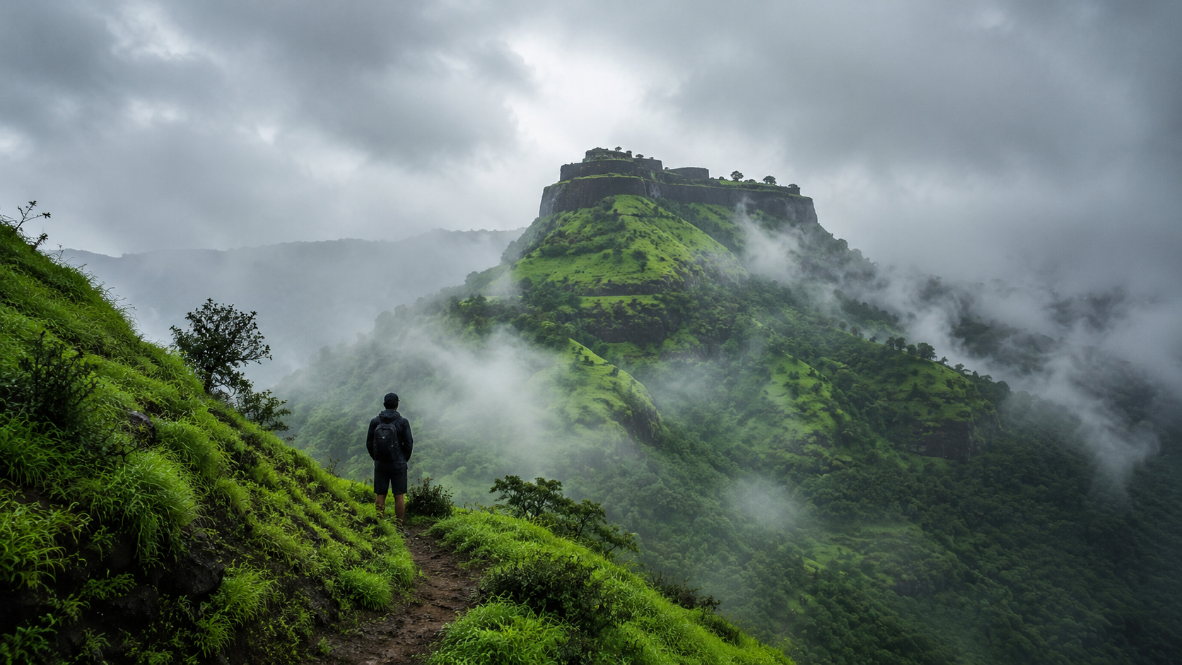 Hiker's silhouette on a misty trail toward Harishchandragad Fort near Malshej Ghat during monsoon