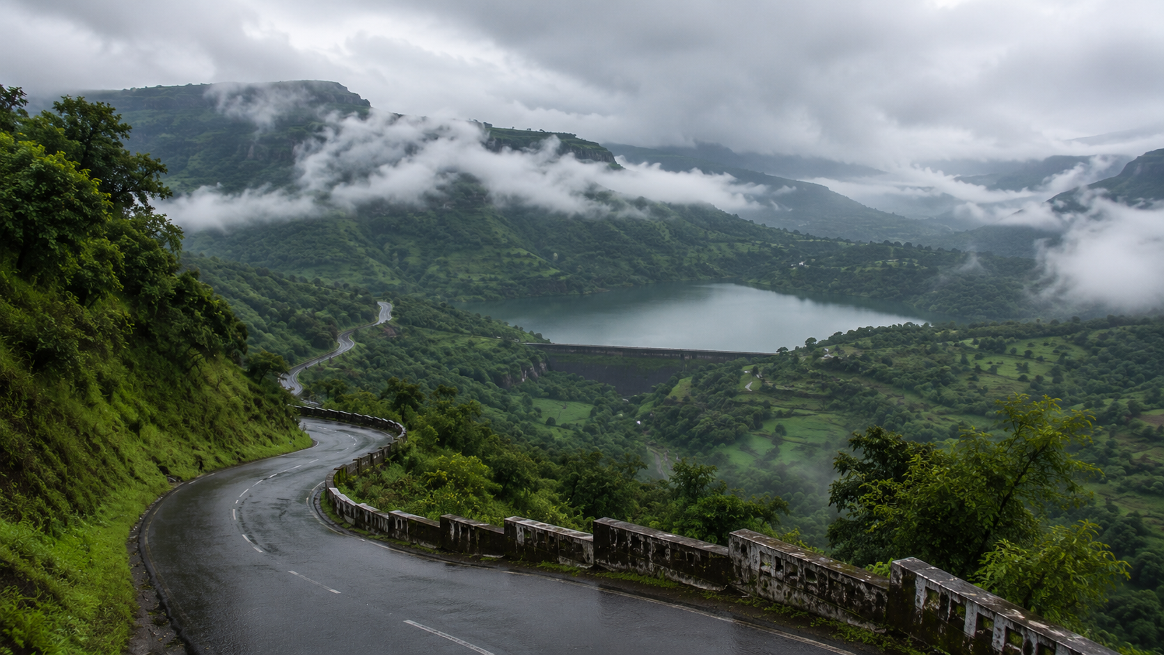 Car driving toward a misty green valley with Wilson Dam and Arthur Lake visible on the Mumbai to Bhandardara route