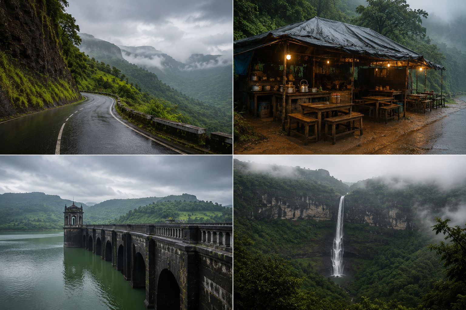 Collage of the Kasara Ghat road, a roadside dhaba, Wilson Dam, and Randha Falls near Bhandardara