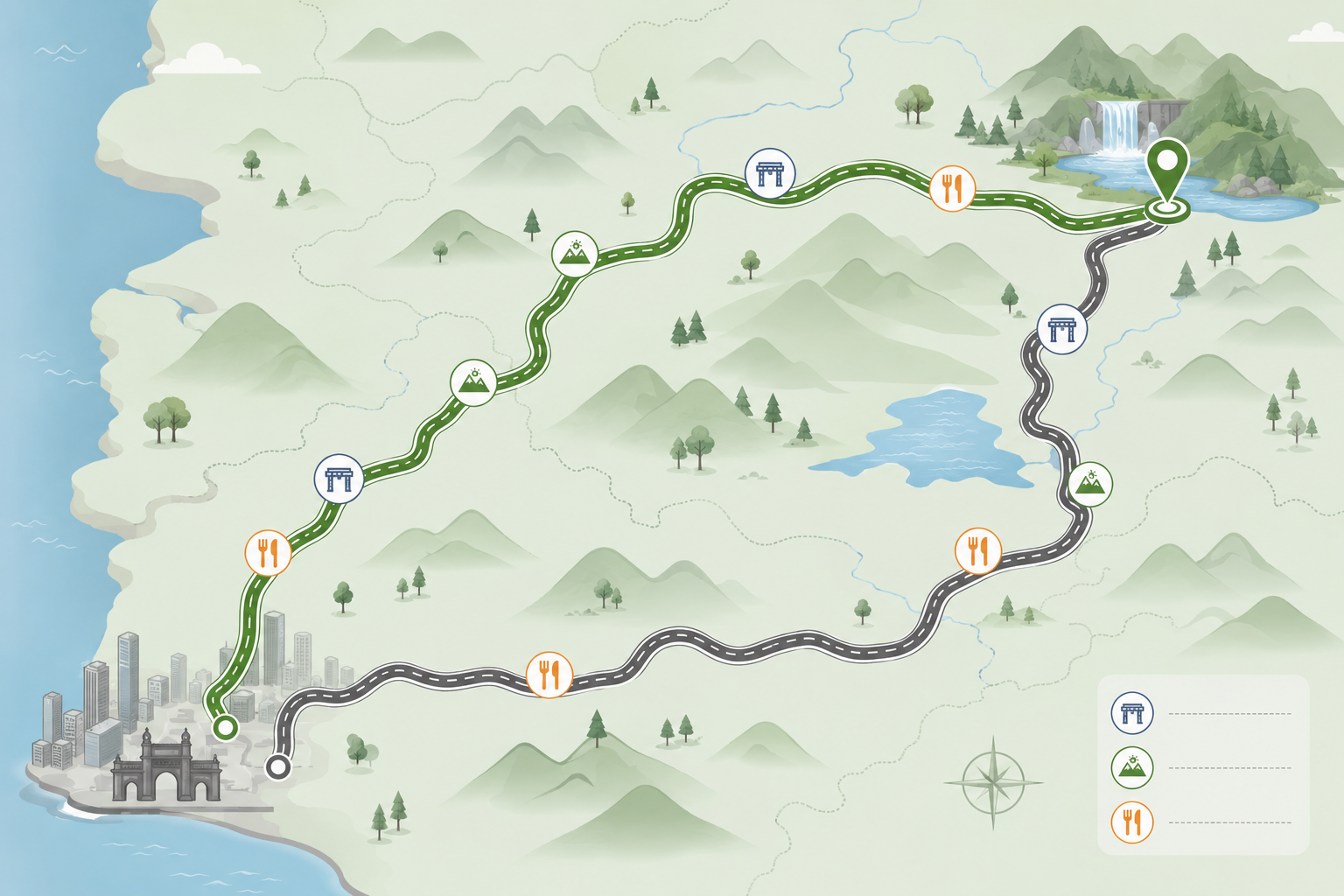 Illustrated map comparing the Mumbai to Bhandardara route via Kasara Ghat and the alternate Nashik loop route