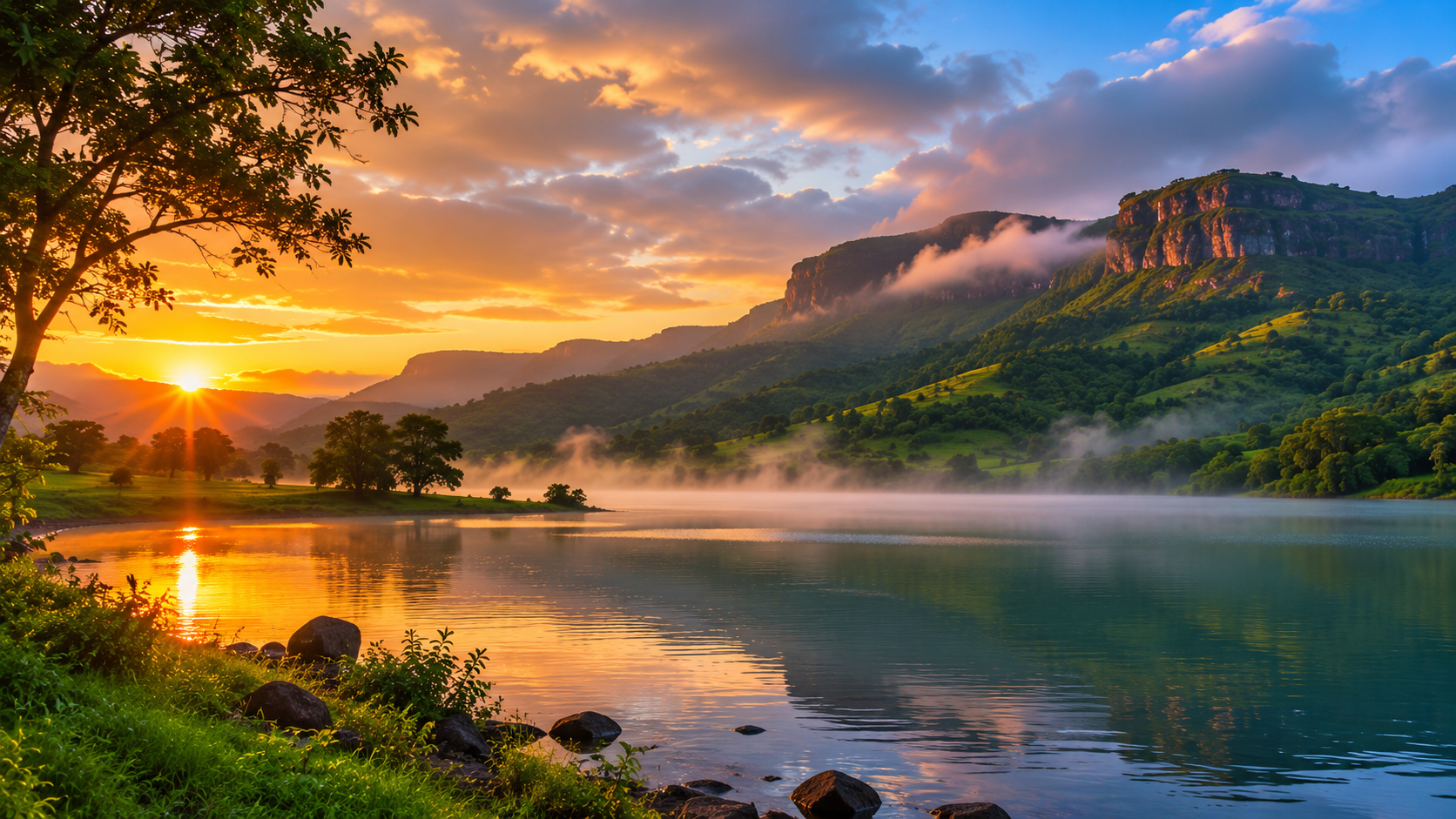 Golden sunrise light over the misty waters of Arthur Lake near Bhandardara
