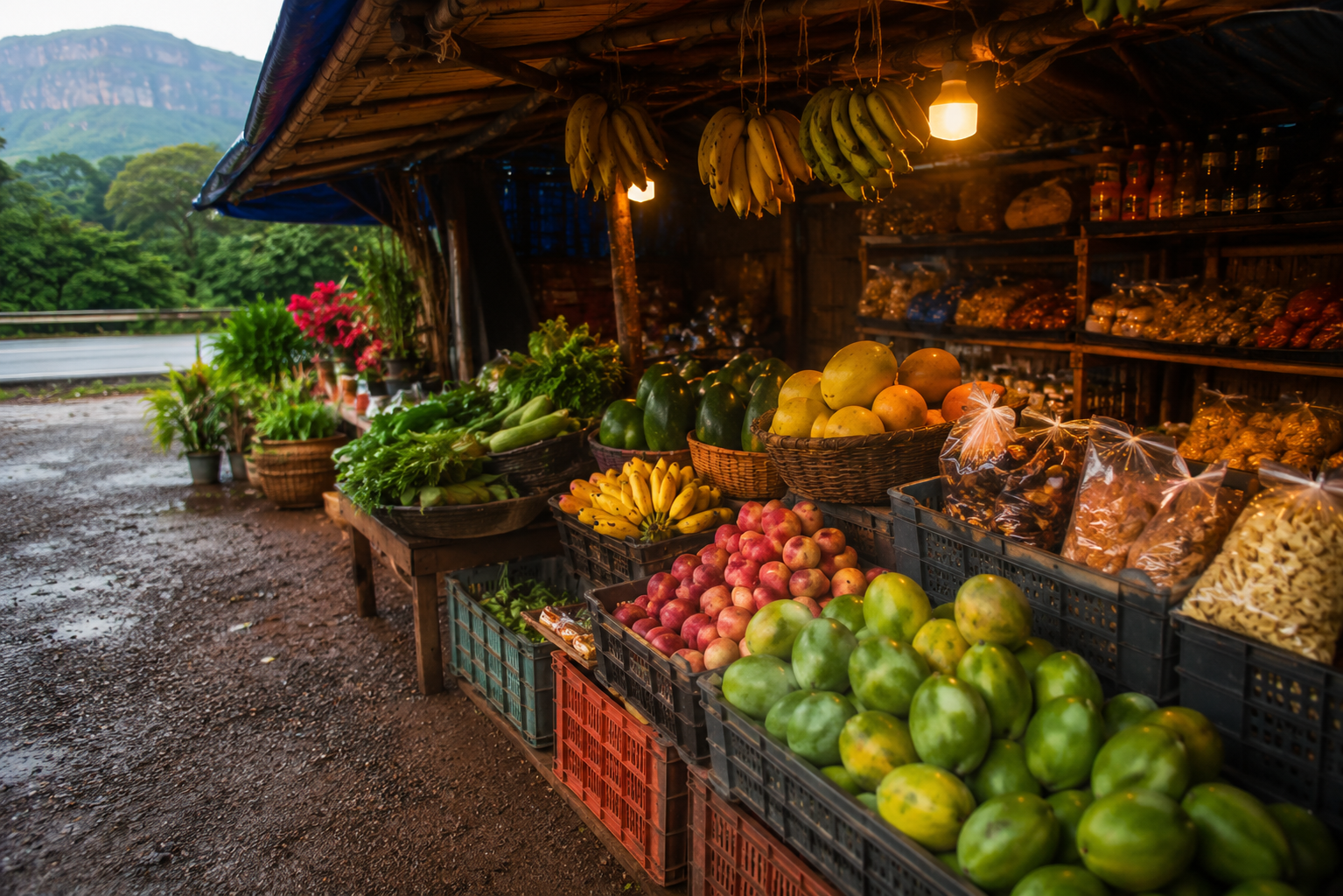 Small roadside stall selling local produce near Bhandardara village