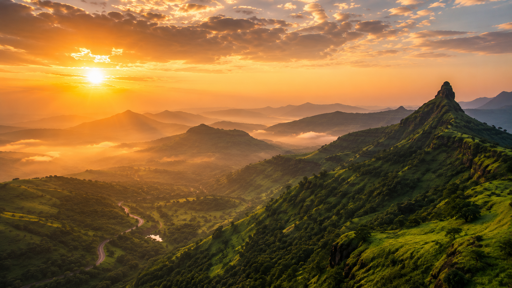 Panoramic view of misty green hills around Igatpuri at sunrise with a winding road below