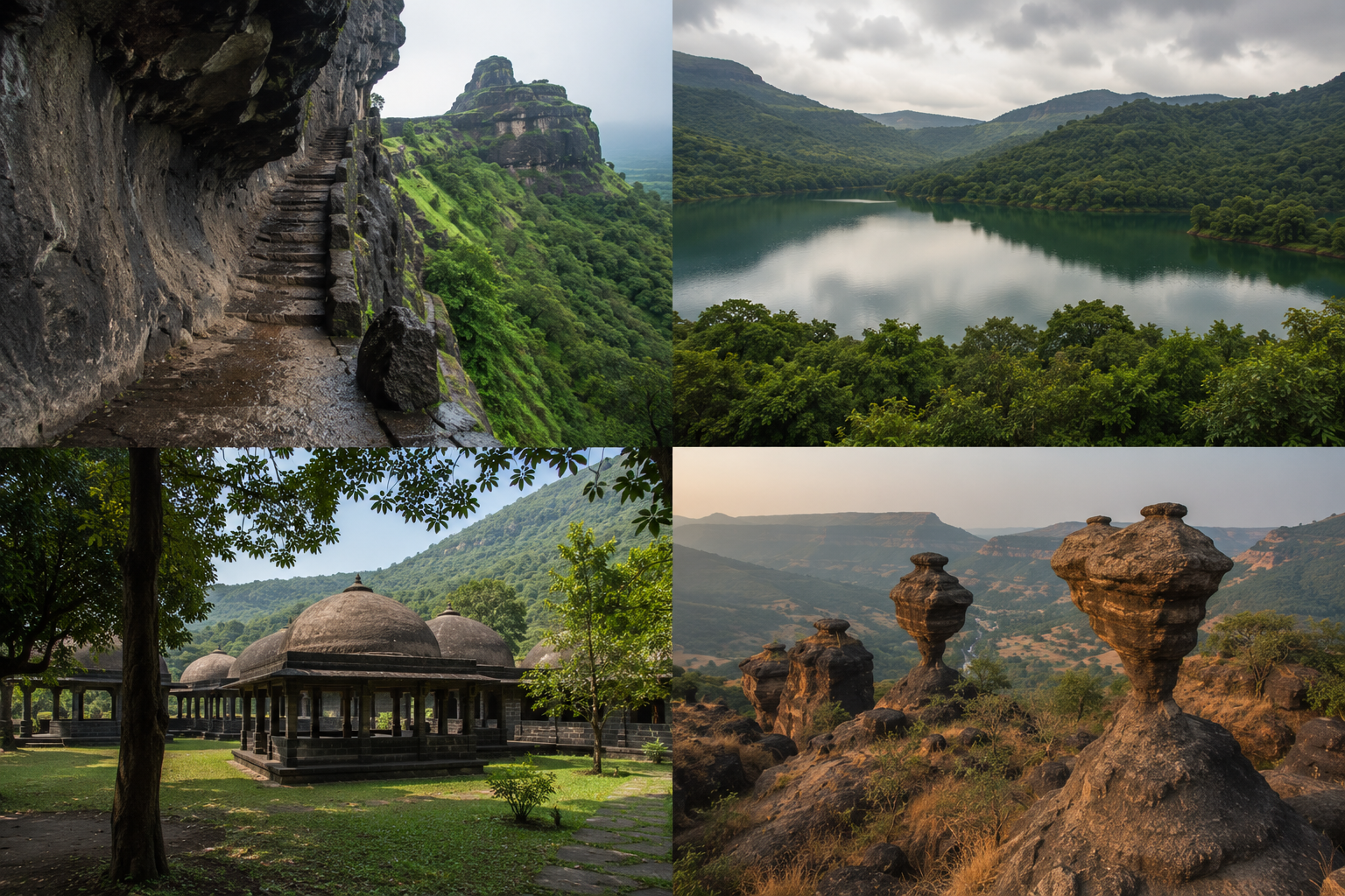 Collage of Harihar Fort's rock-cut staircase, Tringalwadi Lake, a meditation hall exterior, and Camel Valley rock formations