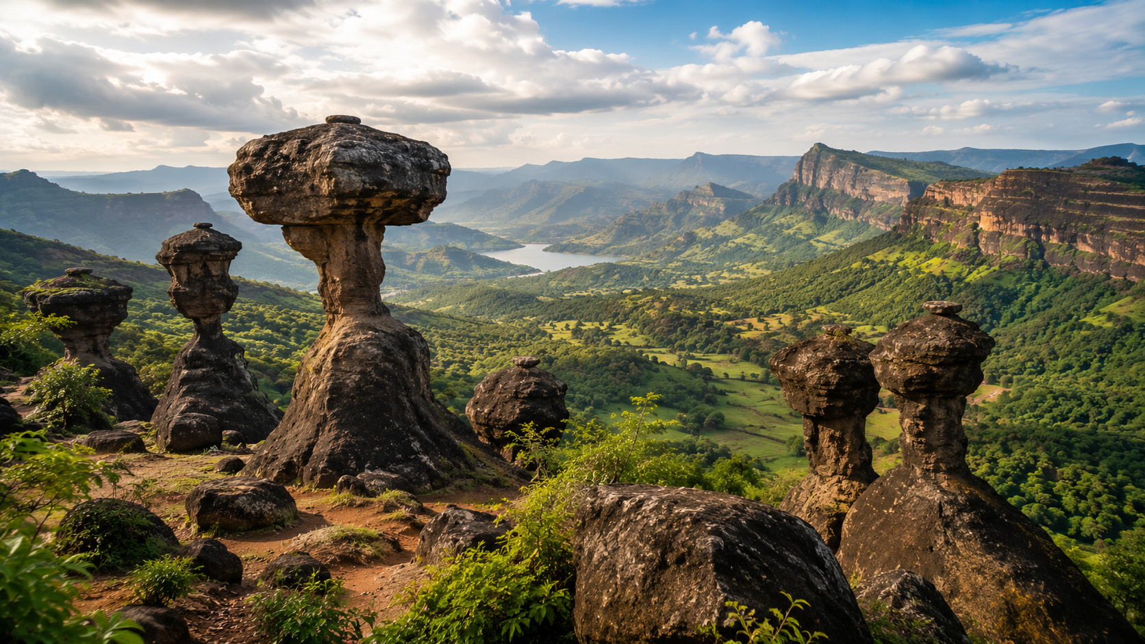 Unusual rock formations at Camel Valley viewpoint near Igatpuri with green hills in the background