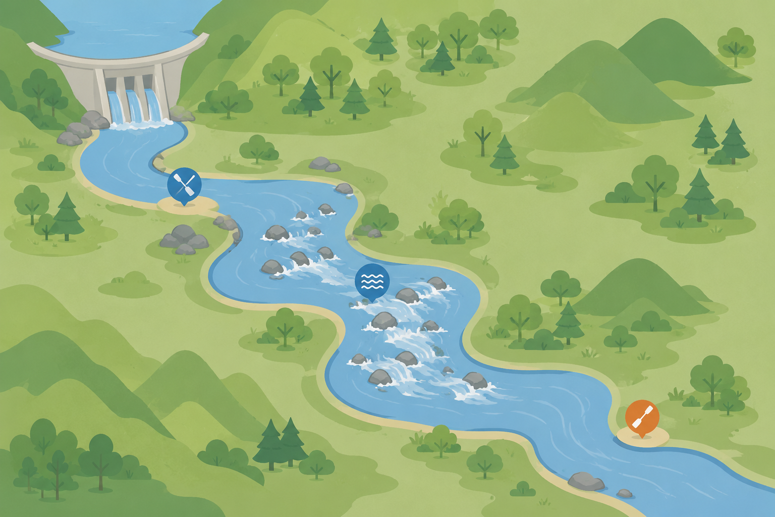 Illustrated map of the Kundalika River rafting stretch near Kolad showing the put-in and take-out points