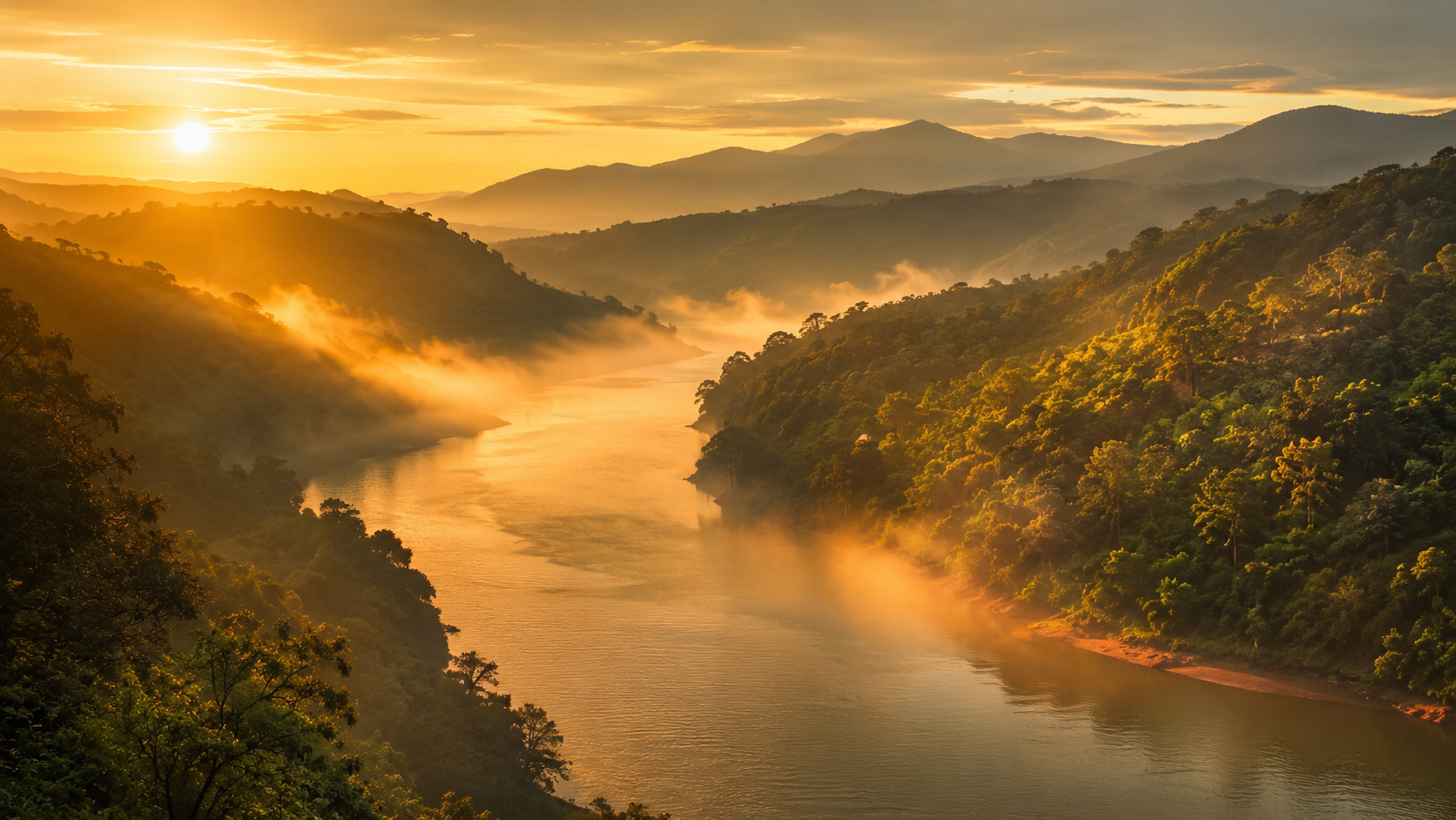 Golden sunrise light over the misty Kundalika river valley near Kolad