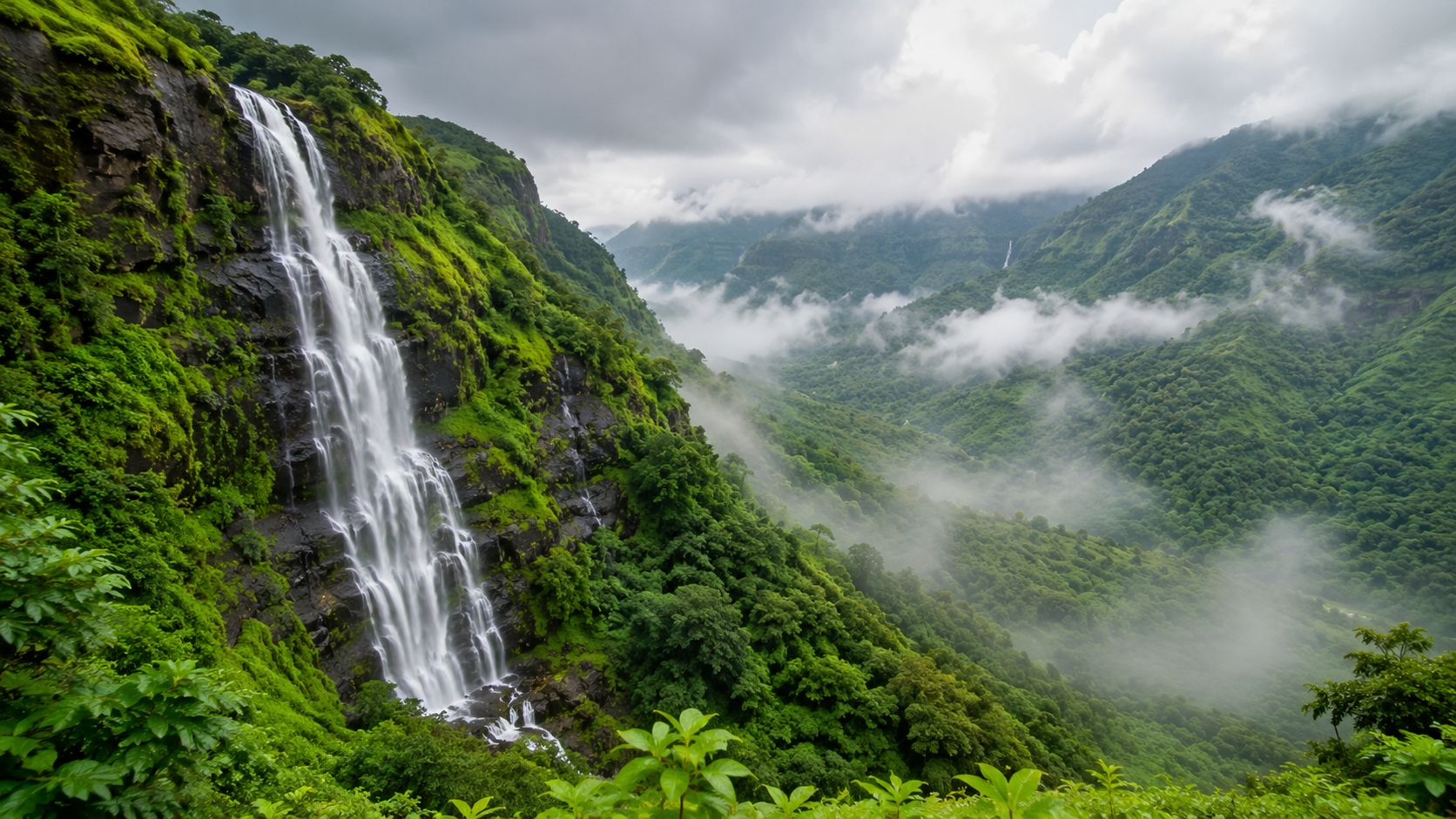 Cascading monsoon waterfalls along Tamhini Ghat near Kolad