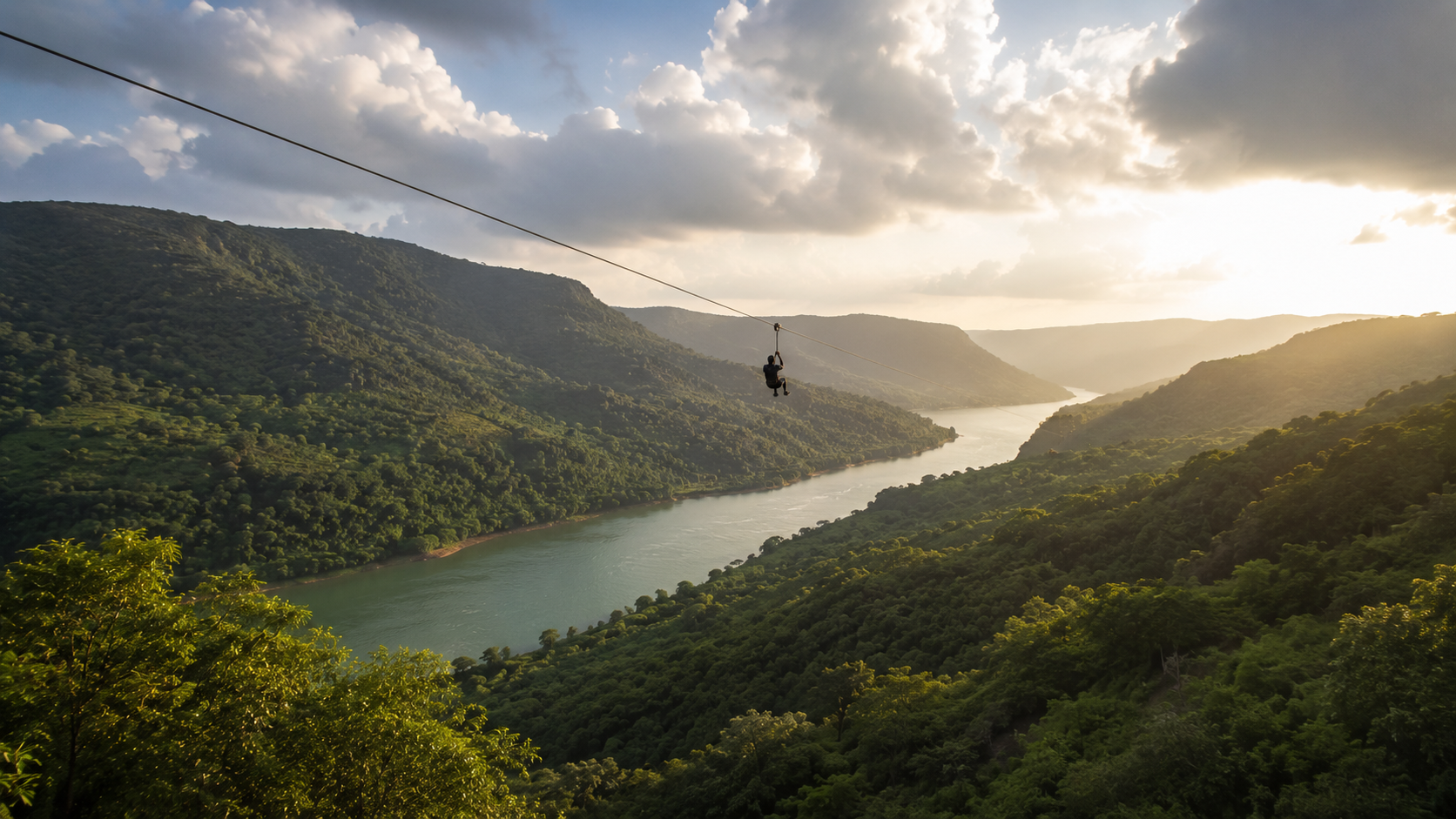 Person zip-lining across the green Kundalika valley near Kolad