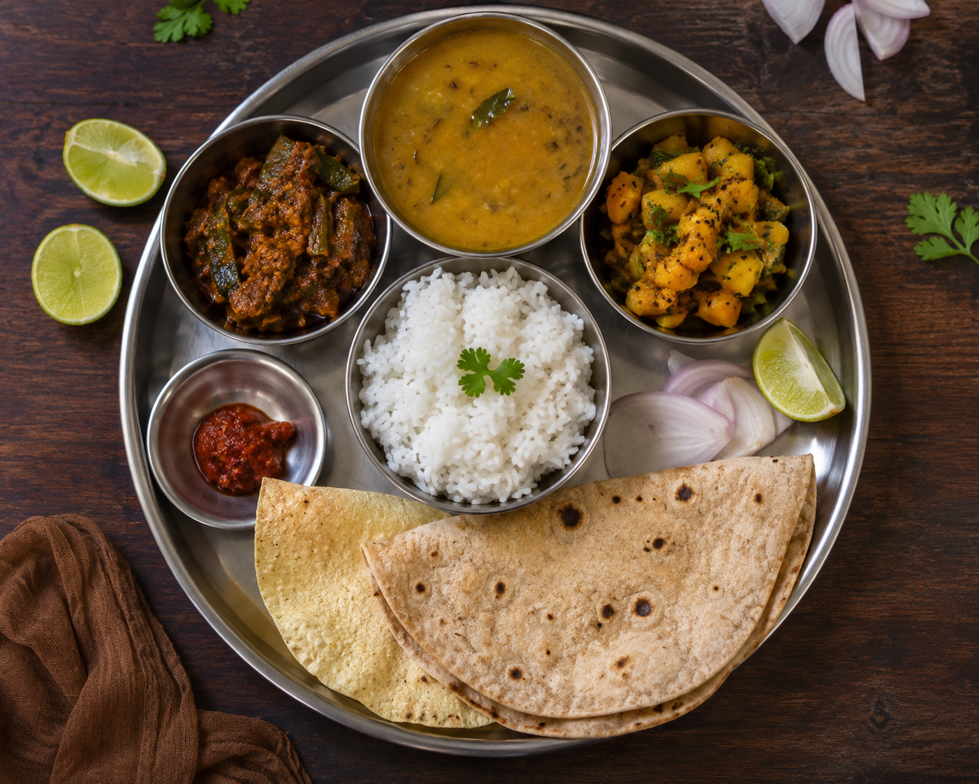 Simple Maharashtrian thali with varan-bhaat and bhaji served at a Kolad riverside camp