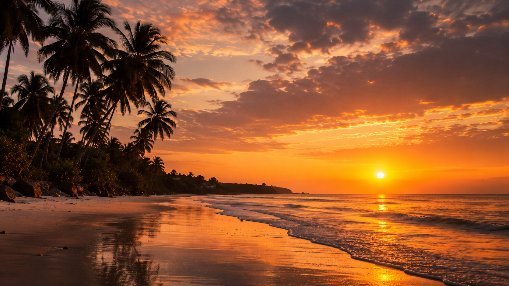 Golden sunset over Alibaug beach with gentle waves and silhouetted palm trees