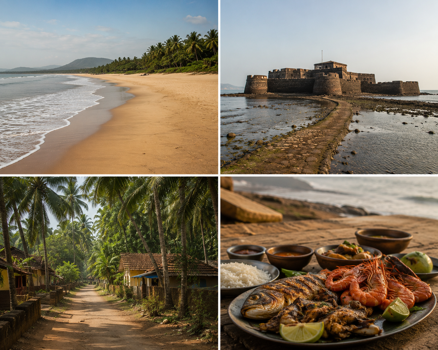 Collage of Alibaug beach, Kolaba Fort at low tide, a coconut grove village lane, and a Konkani seafood thali