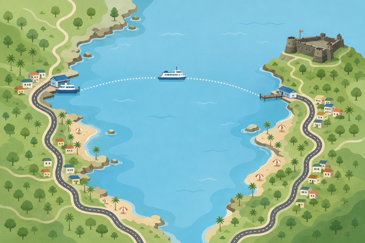 Illustrated map comparing the Mumbai to Alibaug ferry route via Mandwa and the road route via Panvel and Pen