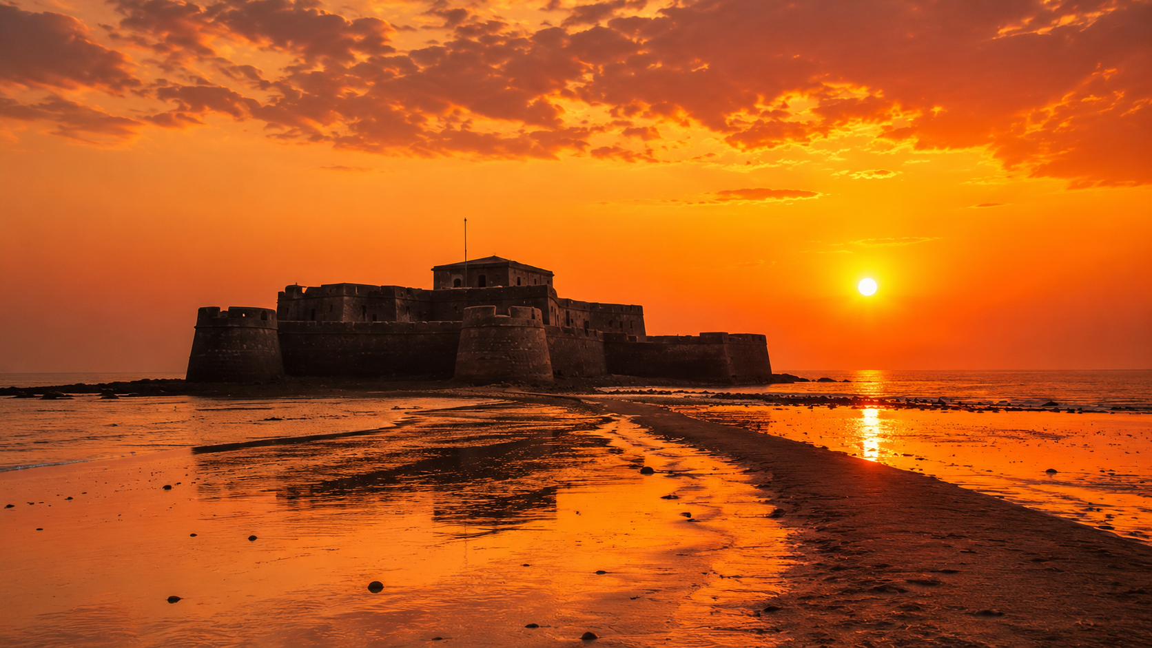 Orange sunset sky over the sea fort of Kolaba near Alibaug beach at low tide