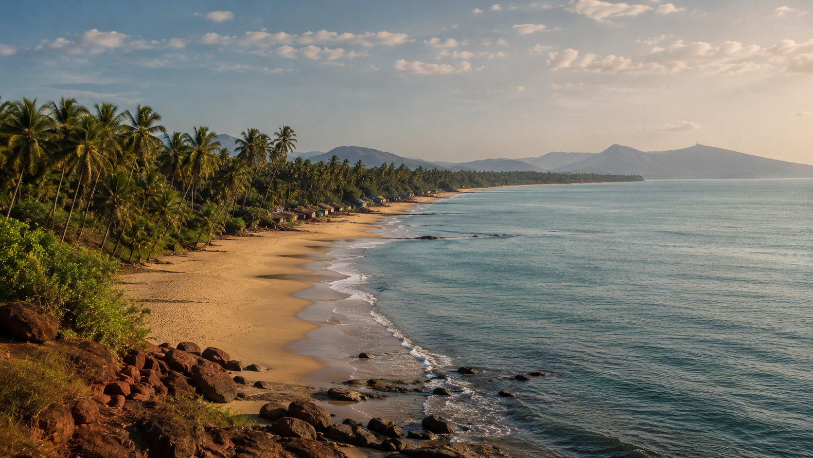 Wide panoramic view of the quiet coastline at Nagaon beach near Alibaug with palm trees along the shore